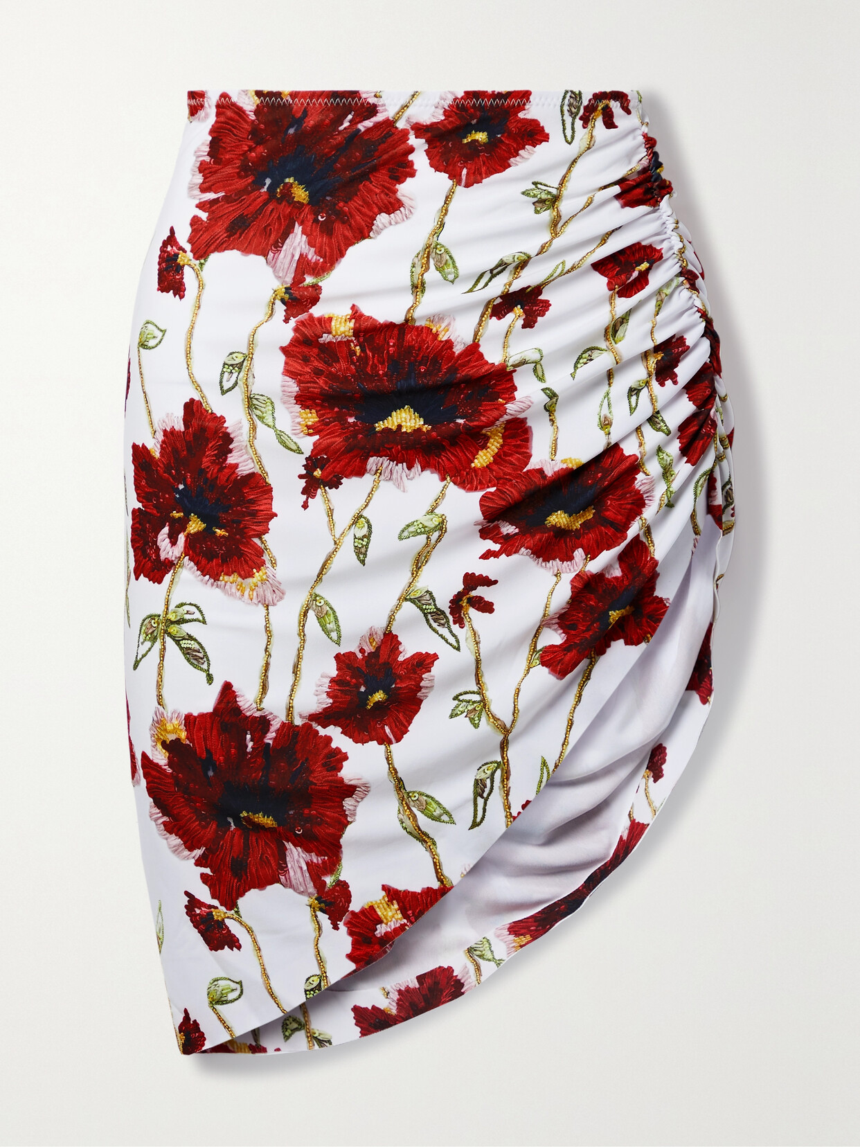 Norma Kamali - Asymmetric Ruched Floral-print Stretch-jersey Mini Skirt - White