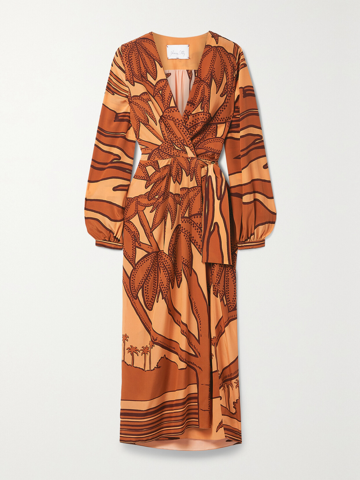 Johanna Ortiz Sociedades Antiguas Printed Silk Crepe De Chine Midi Wrap Dress - Orange