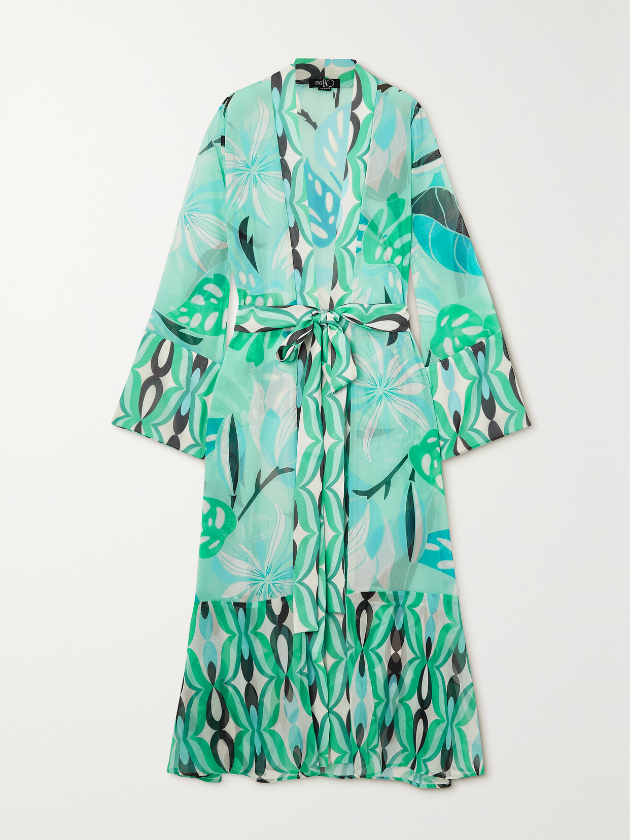 PatBO - Belted Ruffled Printed Chiffon Robe - Blue