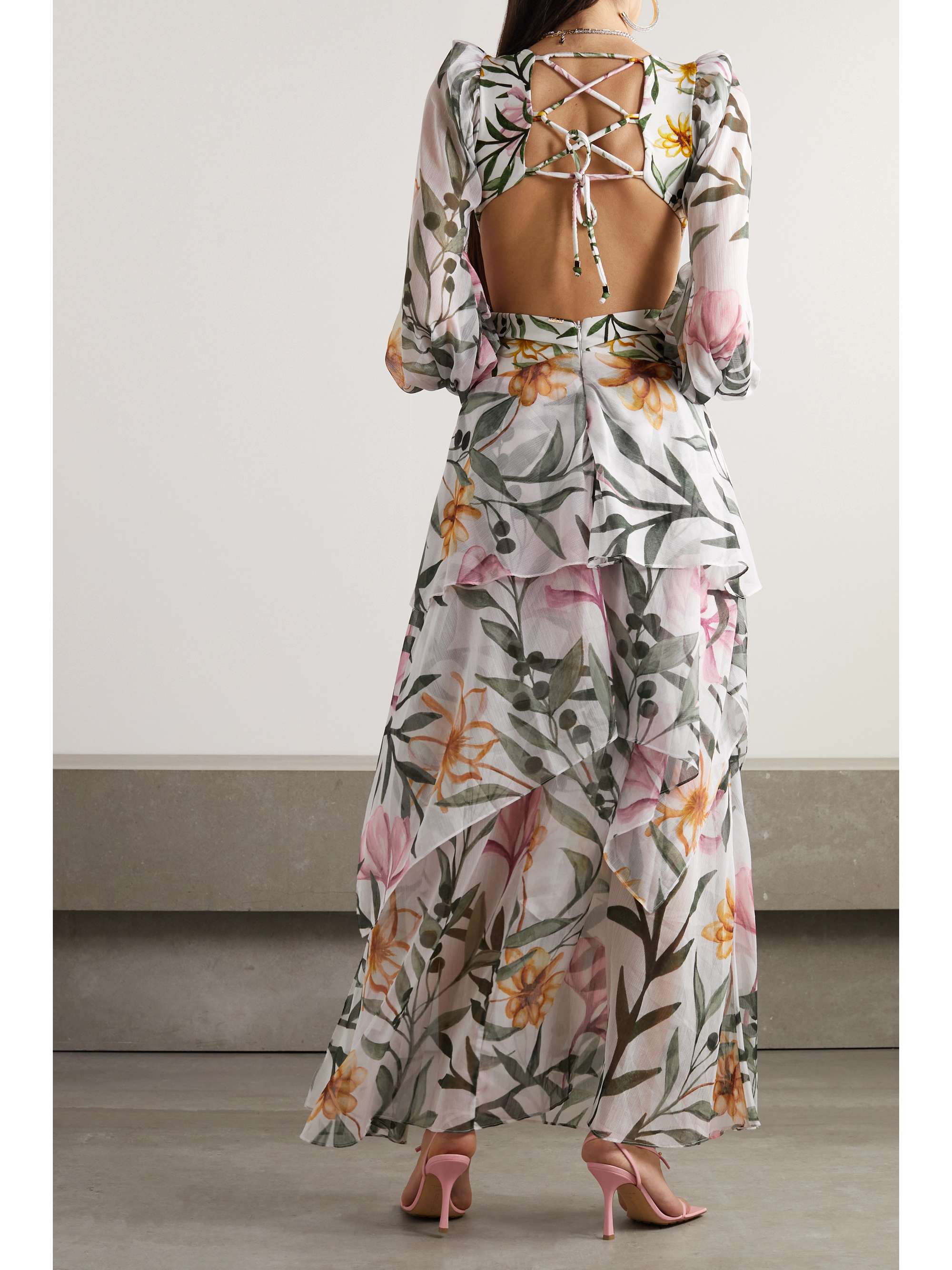 PATBO Cutout belted printed chiffon maxi dress