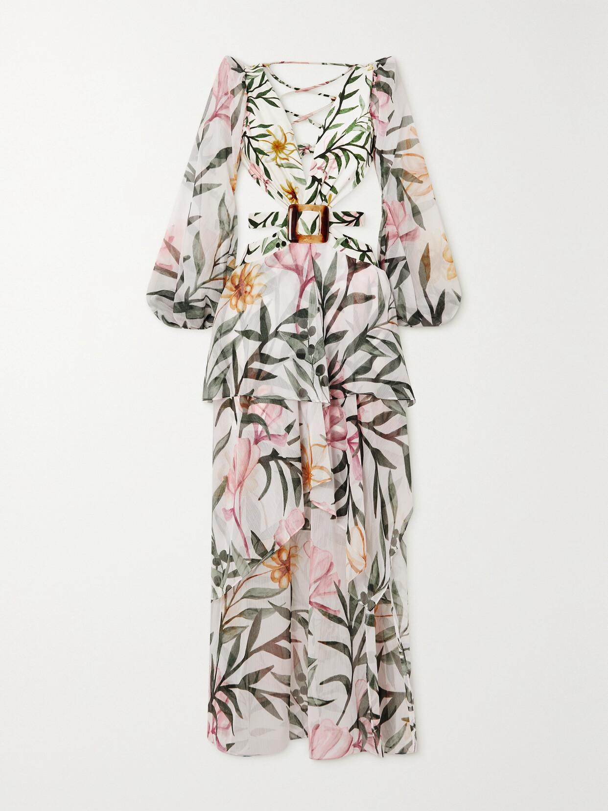 PATBO CUTOUT BELTED PRINTED CHIFFON MAXI DRESS