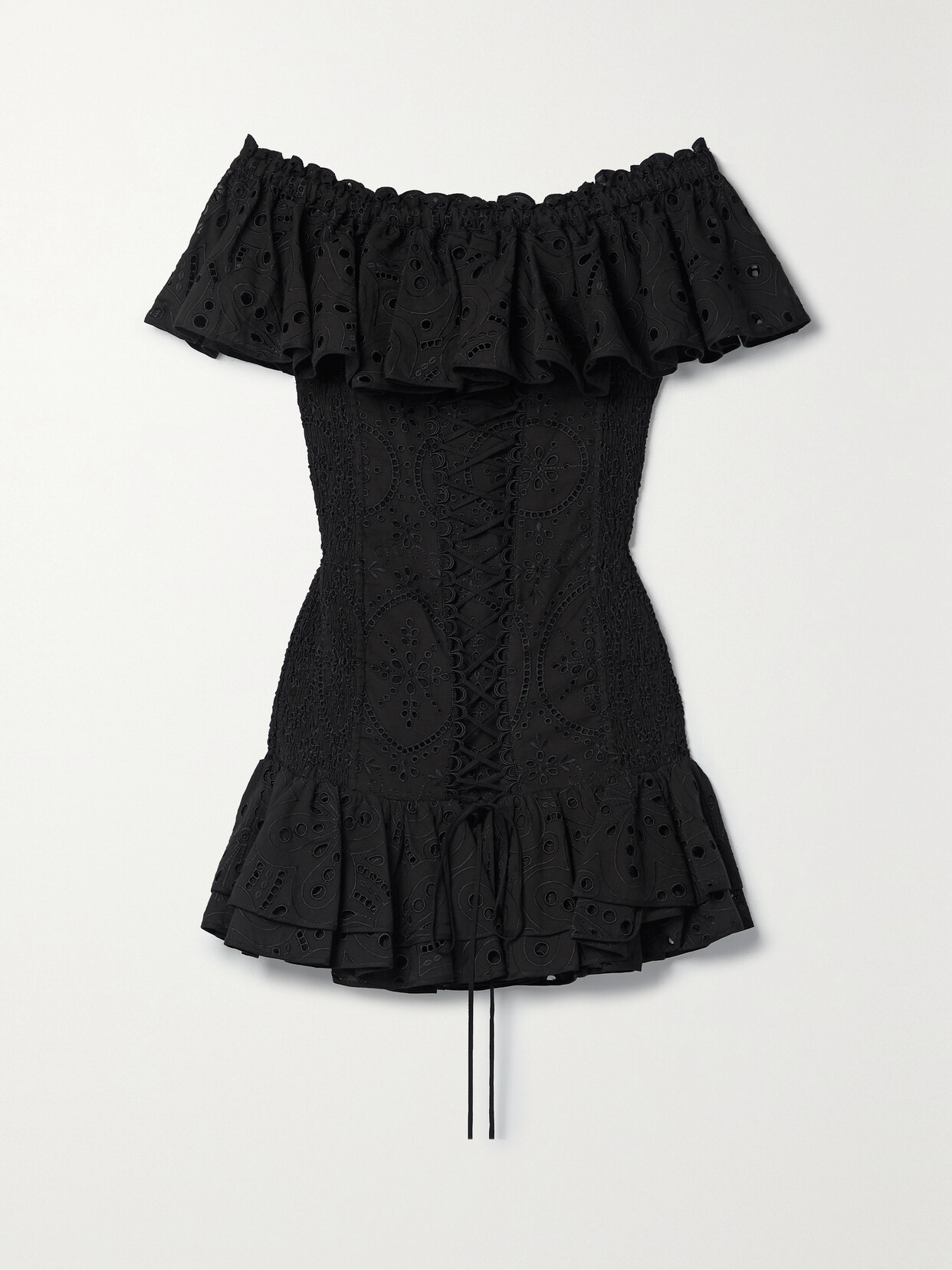 Charo Ruiz - Pia Off-the-shoulder Ruffled Broderie Anglaise Cotton Mini Dress - Black