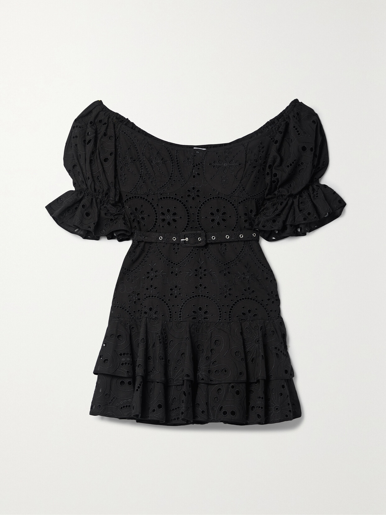 Charo Ruiz - Jean Belted Broderie Anglaise Cotton Mini Dress - Black