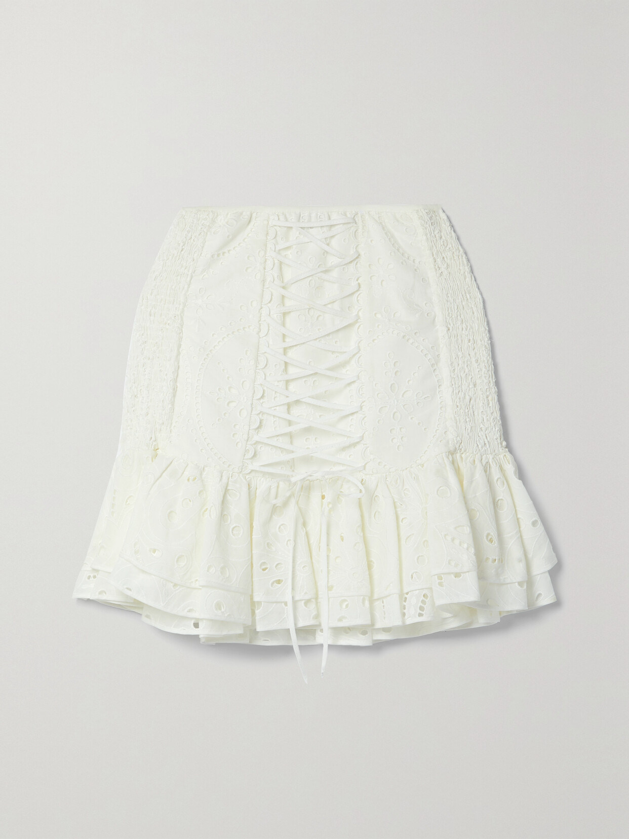 Charo Ruiz - Lucrecia Ruffled Lace-up Broderie Anglaise Cotton Mini Skirt - White