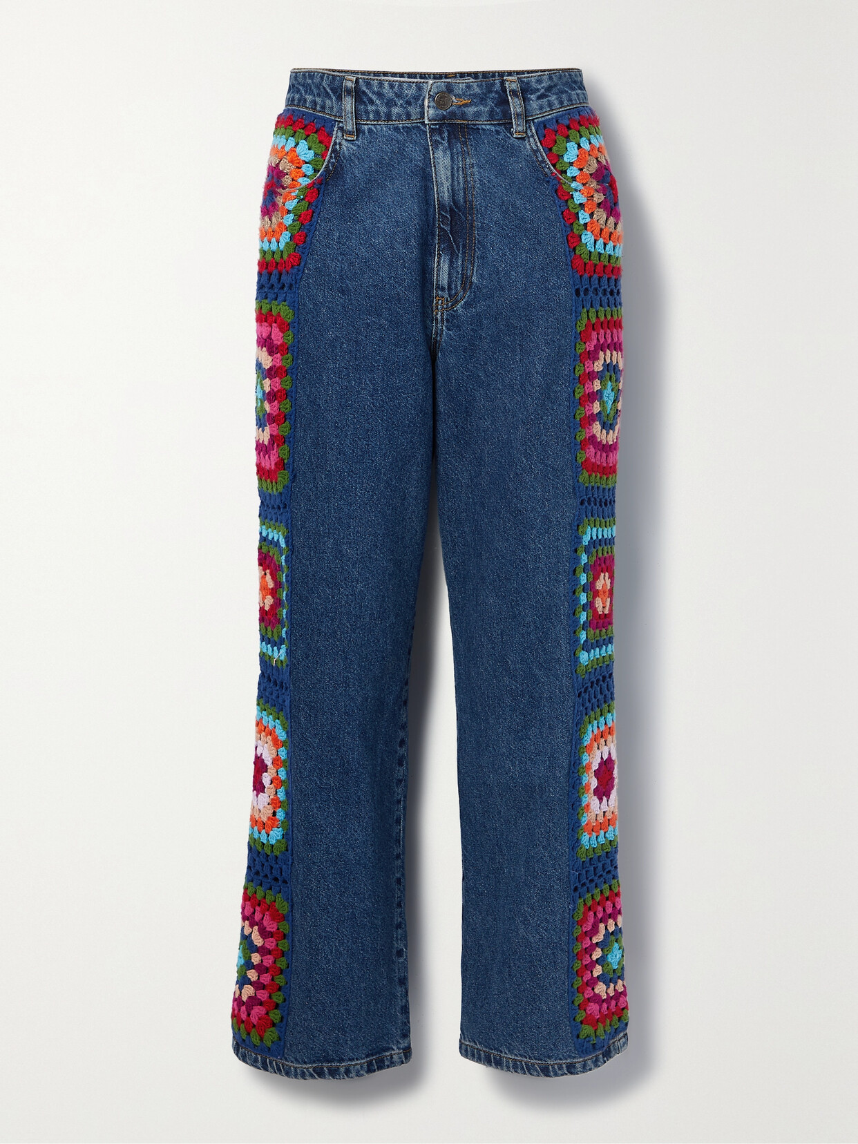 Farm Rio - Crochet-trimmed High-rise Straight-leg Jeans - Blue