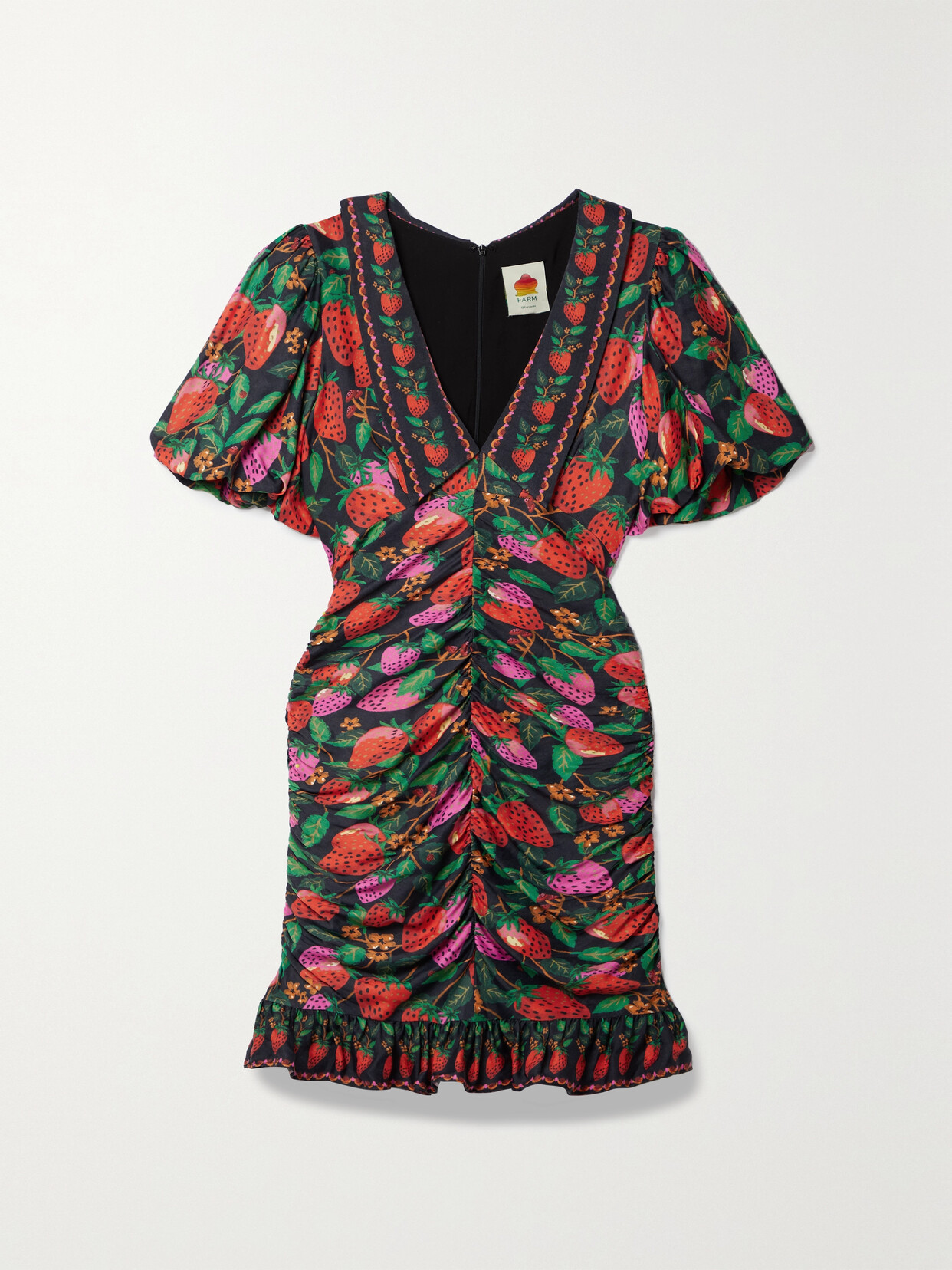 Farm Rio - Ruched Printed Twill Mini Dress - Black