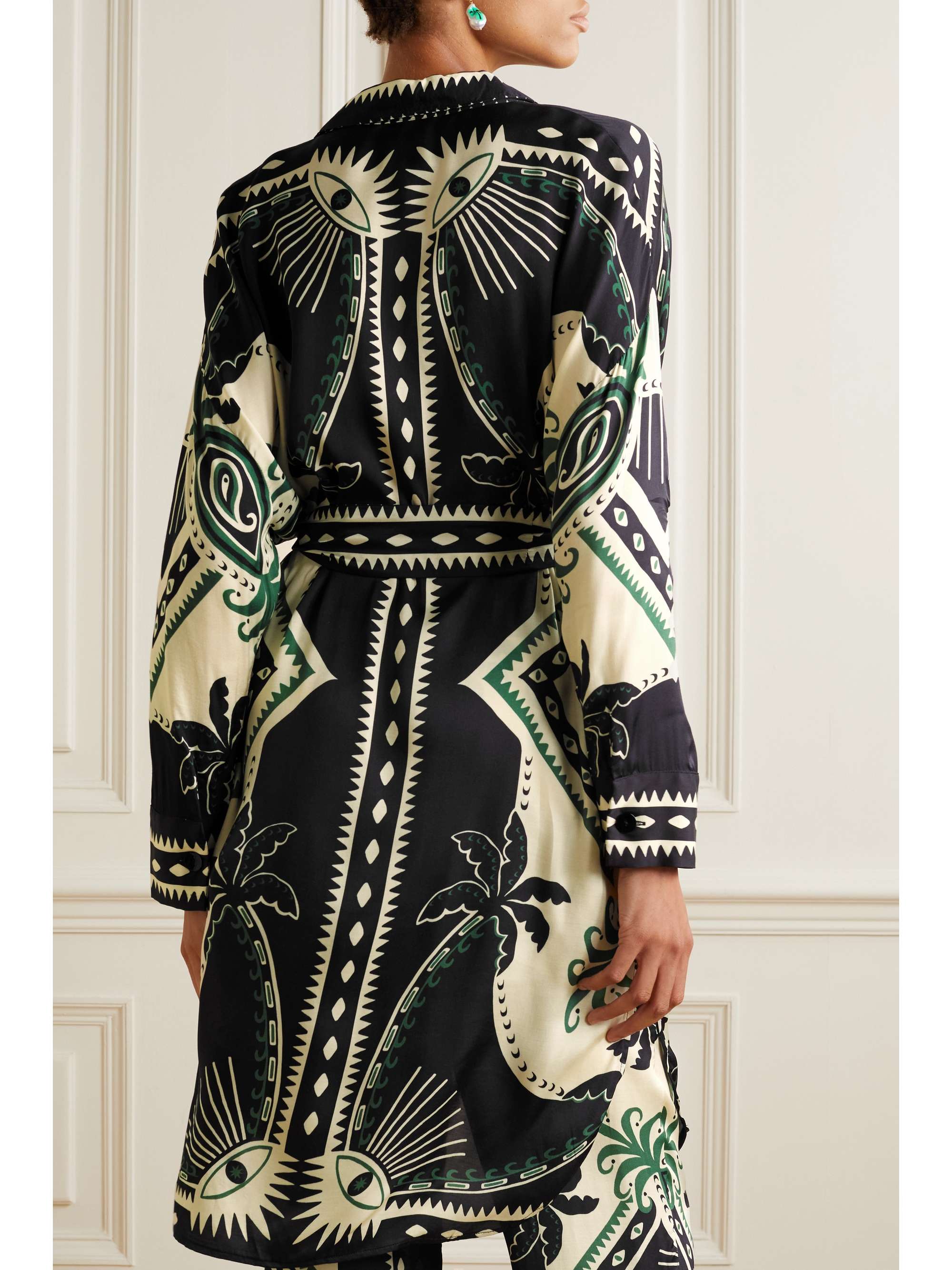 FARM RIO Belted printed satin shirt dress