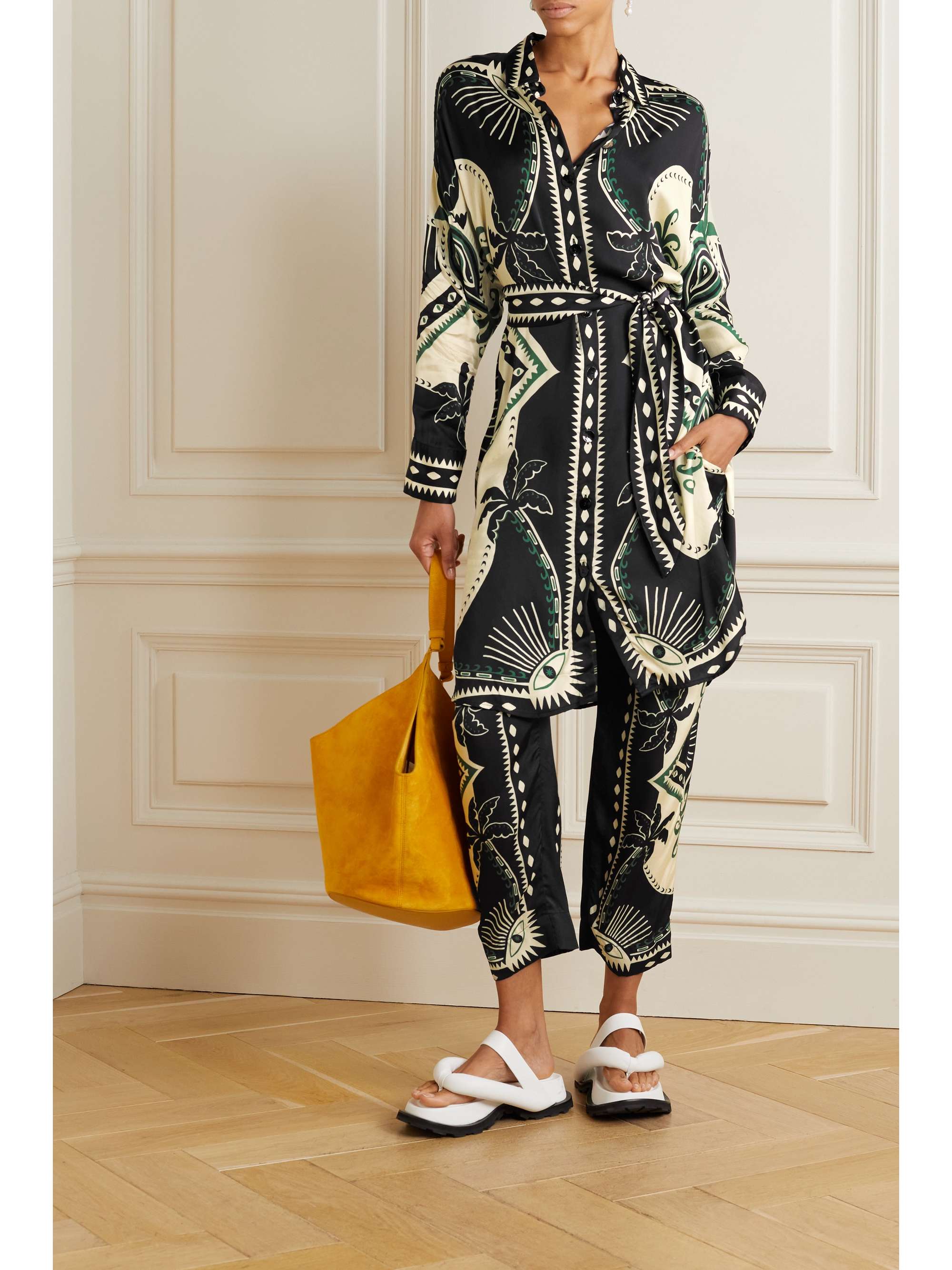 FARM RIO Belted printed satin shirt dress
