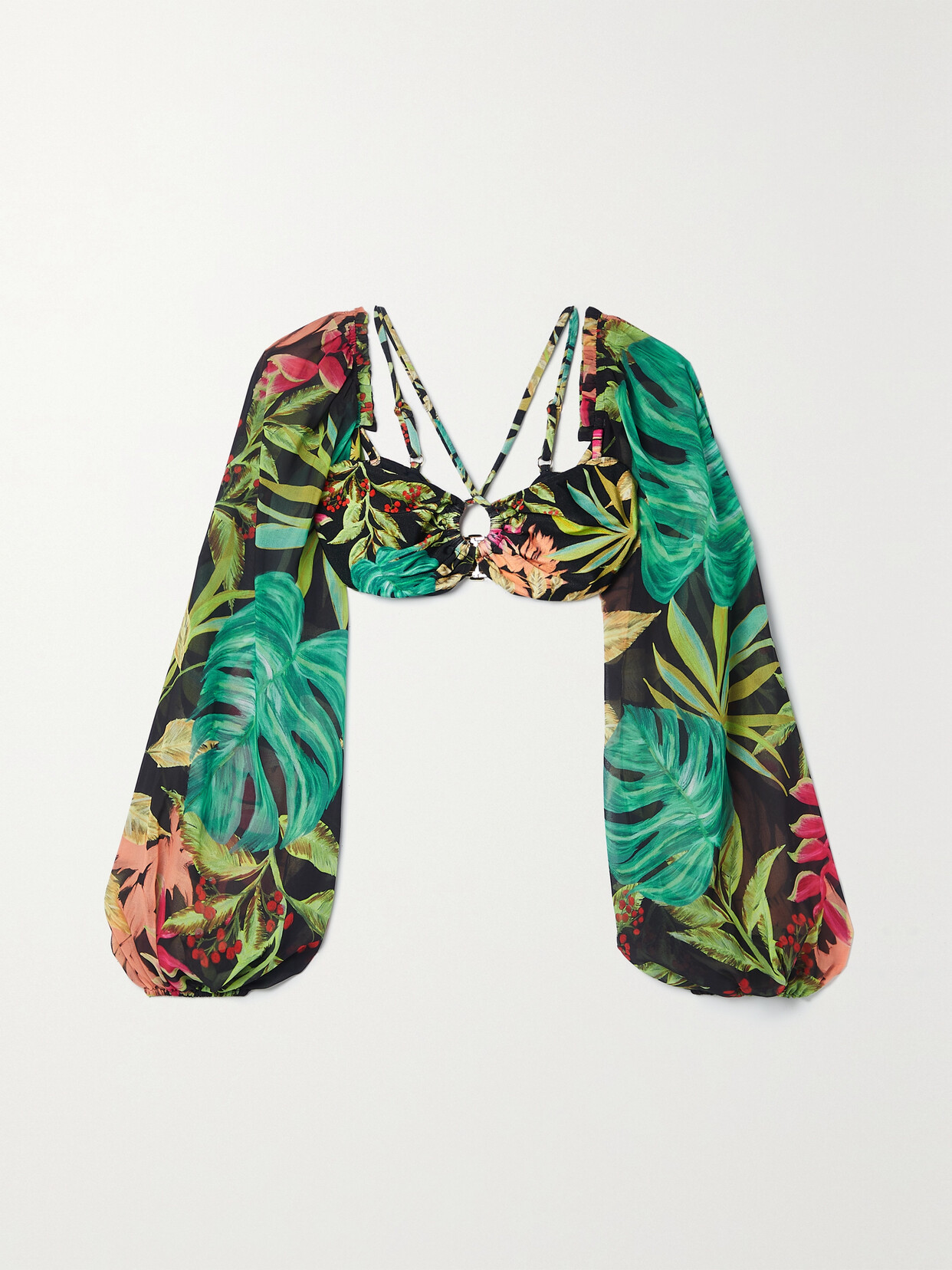 PatBO - Cropped Floral-print Jersey And Chiffon Top - Black