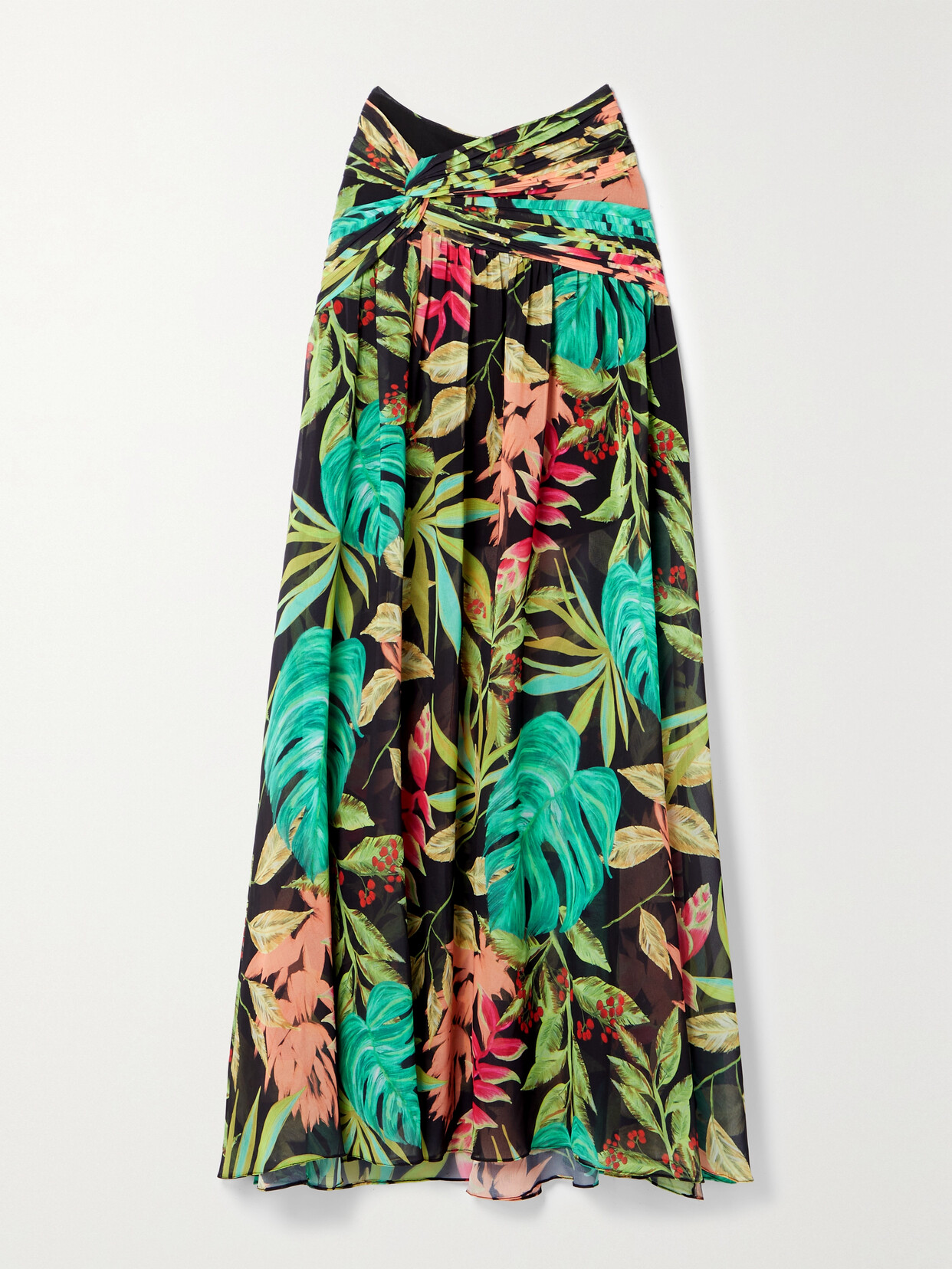 PatBO - Pleated Floral-print Chiffon Maxi Skirt - Black