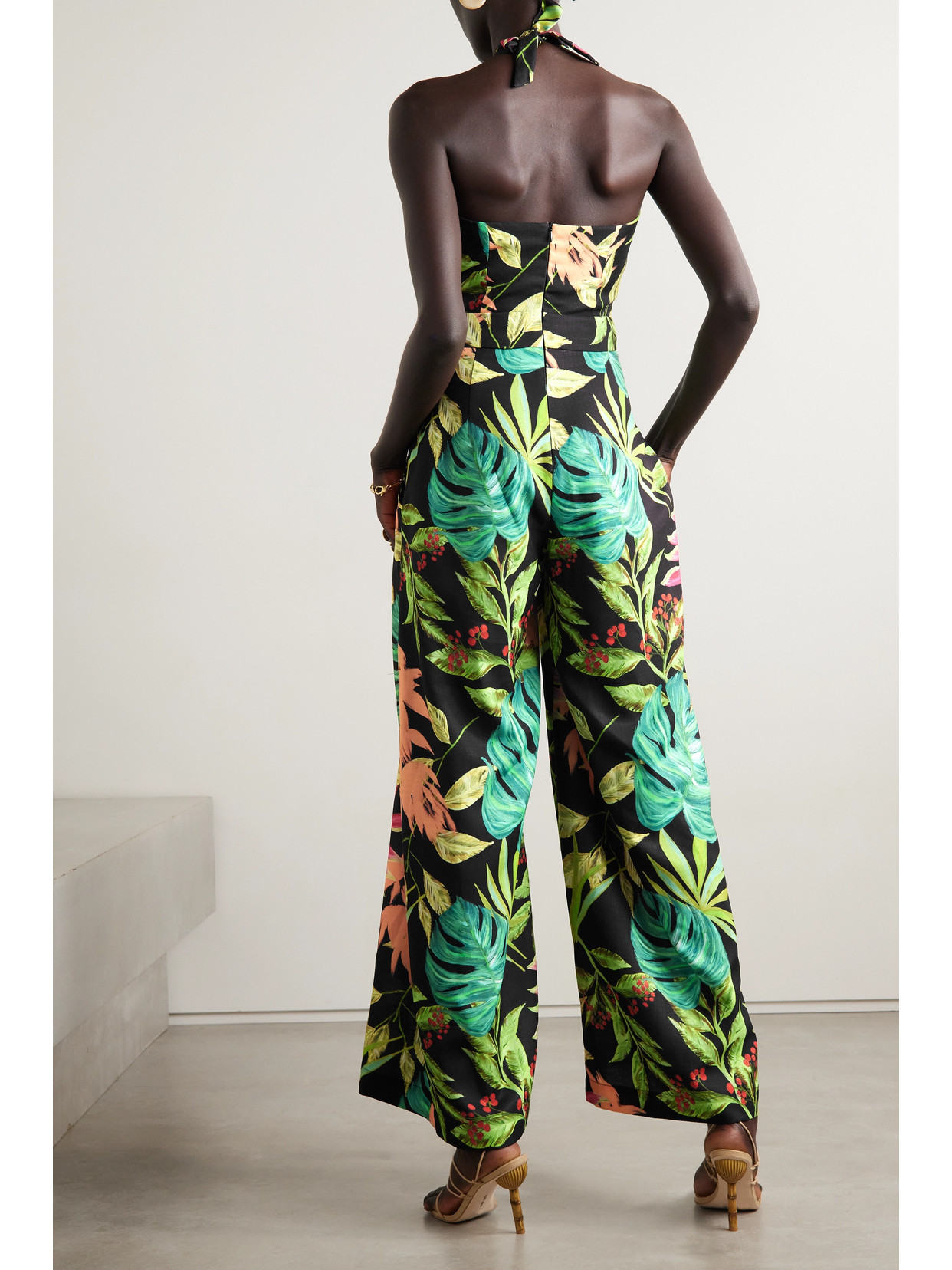 PATBO PLEATED CUTOUT FLORAL-PRINT WOVEN HALTERNECK JUMPSUIT