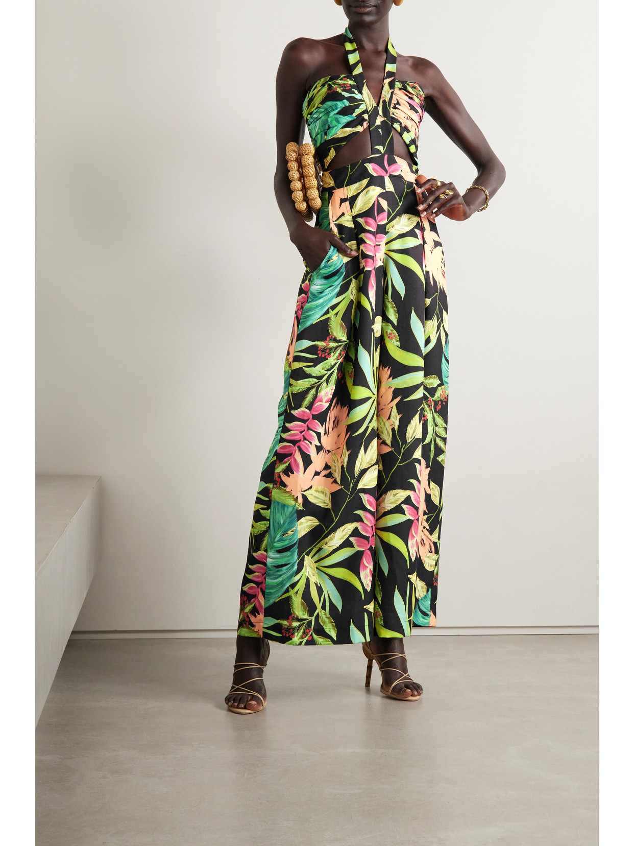 PATBO PLEATED CUTOUT FLORAL-PRINT WOVEN HALTERNECK JUMPSUIT