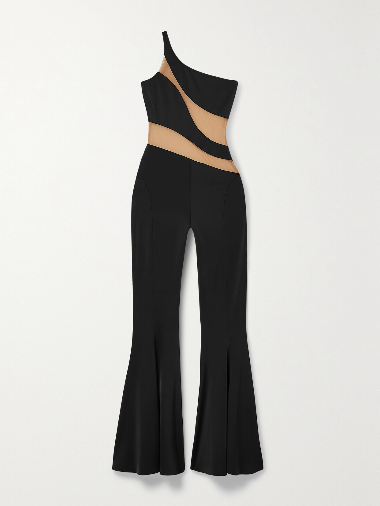 NORMA KAMALI SNAKE ONE-SHOULDER MESH-PANELED STRETCH-JERSEY JUMPSUIT