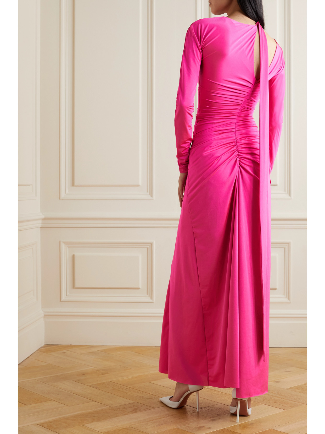 VICTORIA BECKHAM ASYMMETRIC CUTOUT RUCHED STRETCH-JERSEY MAXI DRESS