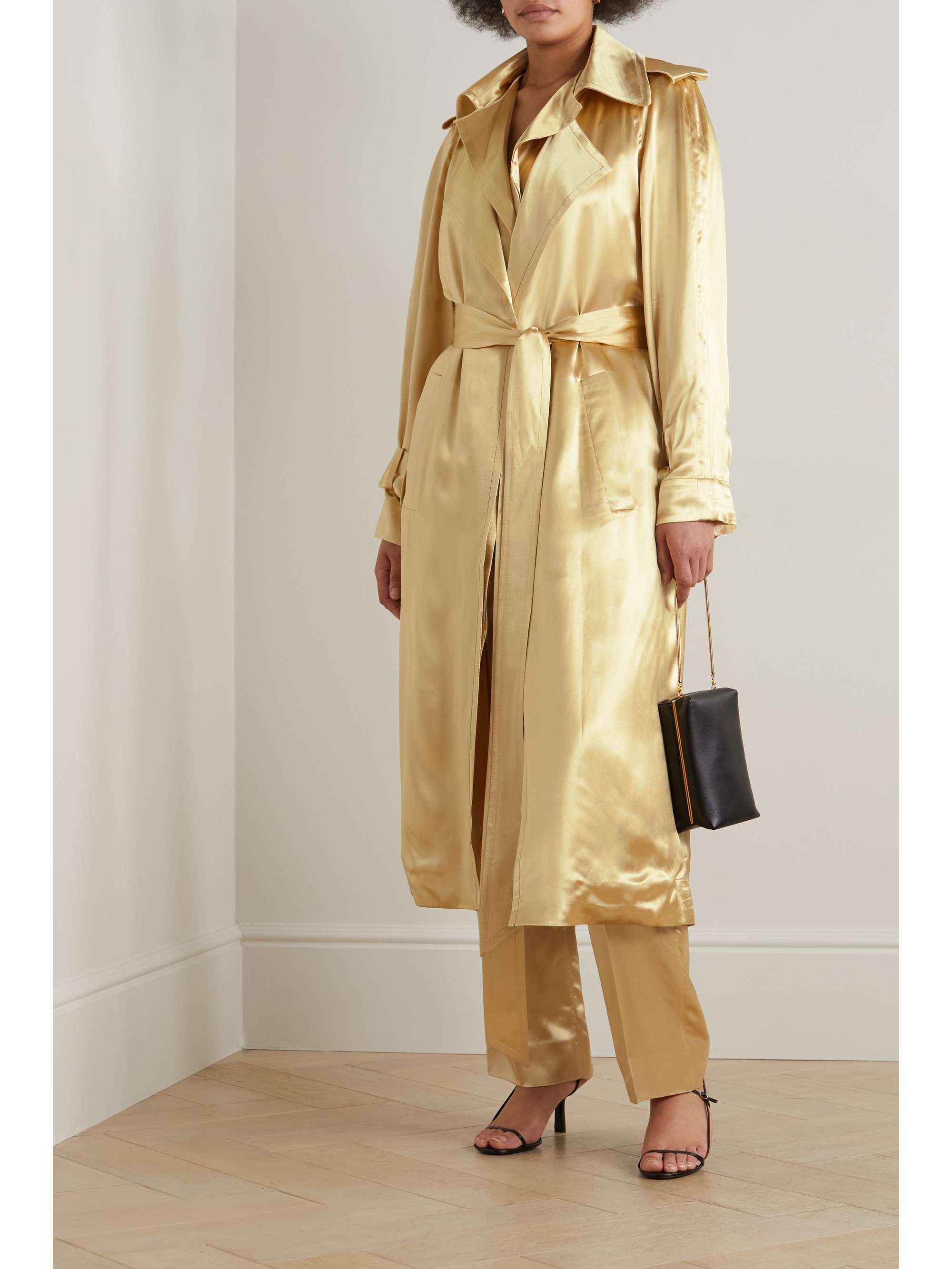 Belted satin trench coat