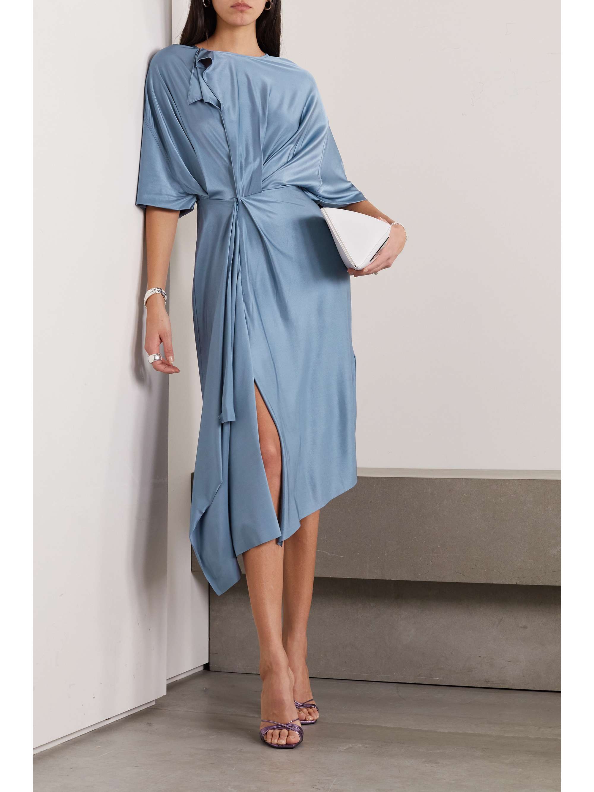 VICTORIA BECKHAM Asymmetric draped cutout metallic stretch-jersey midi dress