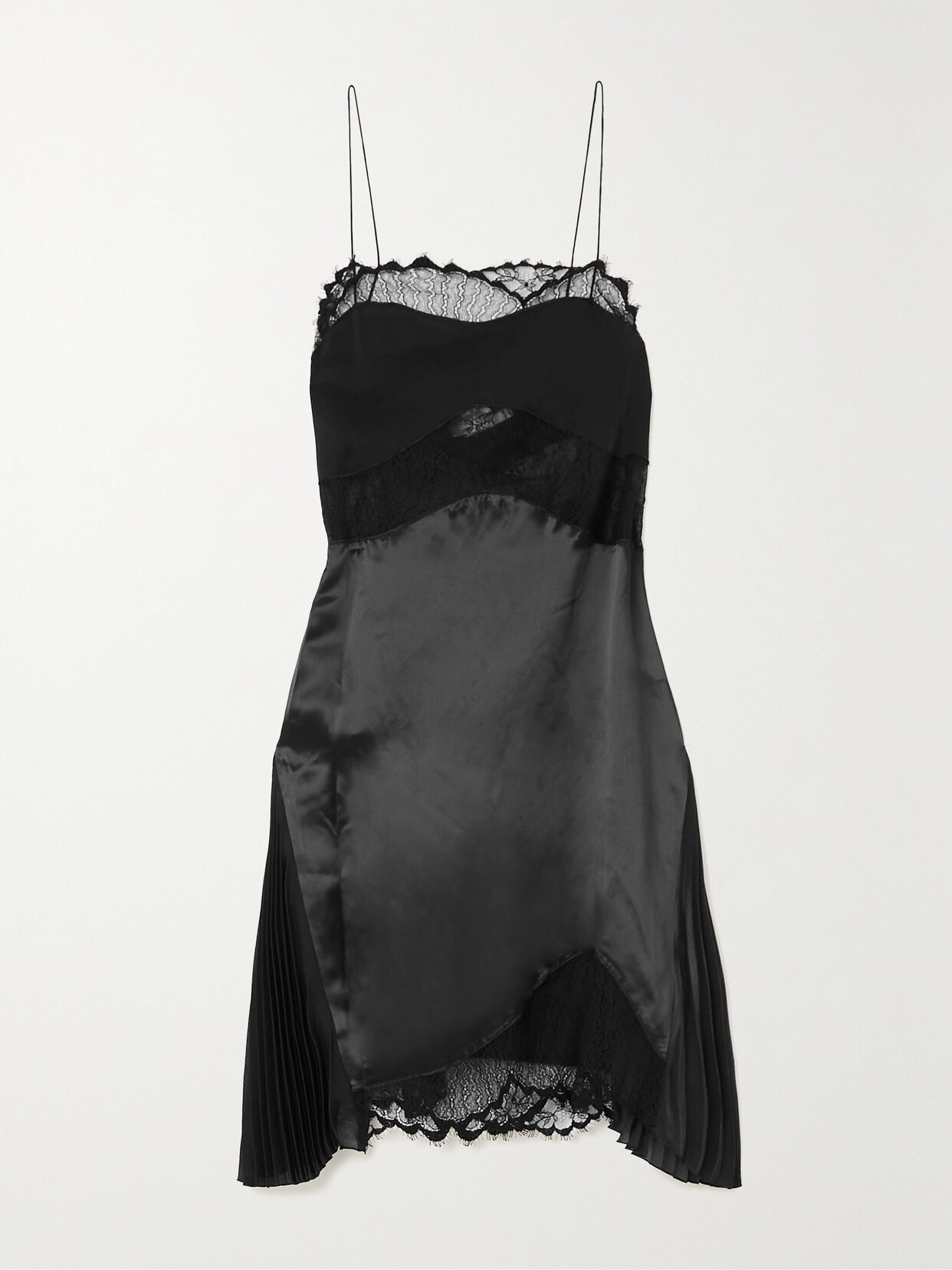 VICTORIA BECKHAM LACE AND CREPE-TRIMMED PLEATED SATIN MINI DRESS