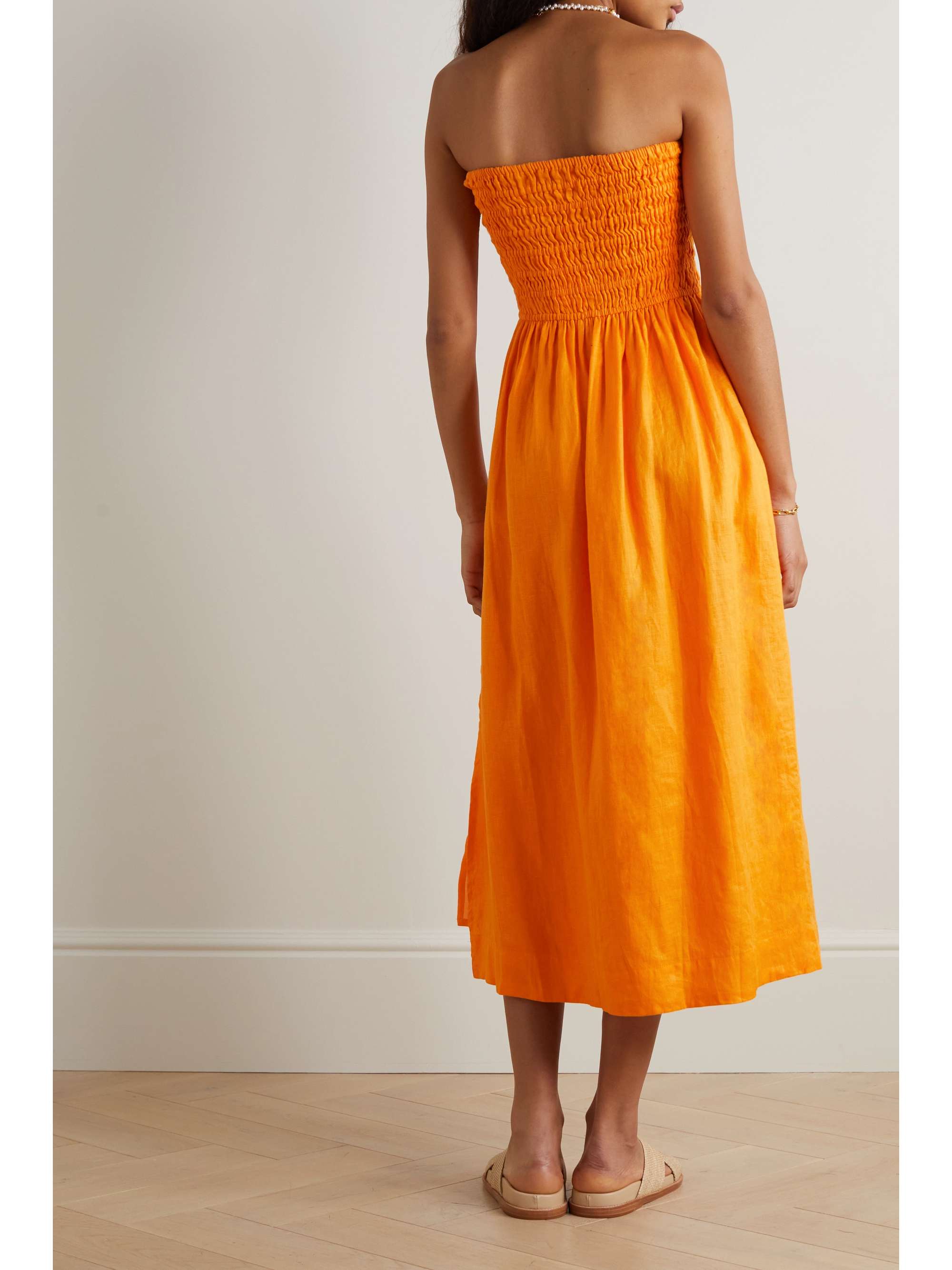 FAITHFULL Musee strapless smocked linen midi dress | NET-A-PORTER