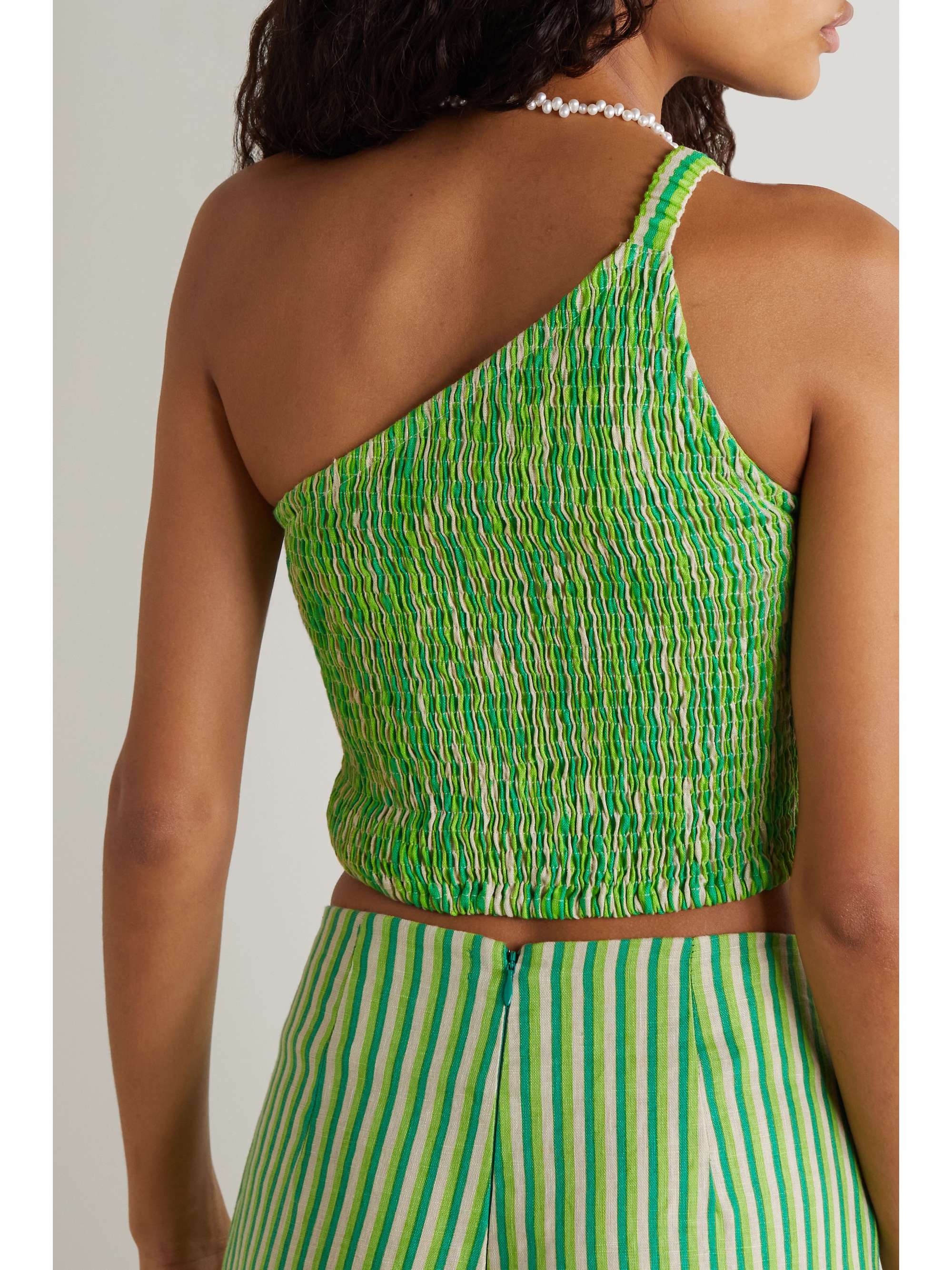 FAITHFULL Manoa one-shoulder shirred striped linen cropped top