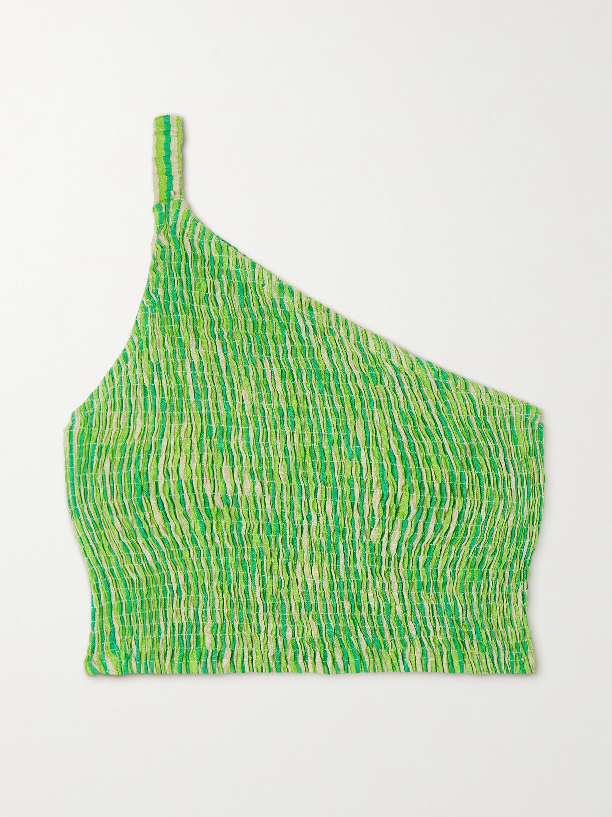 Faithfull The Brand Manoa One-shoulder Shirred Striped Linen Cropped Top In Green