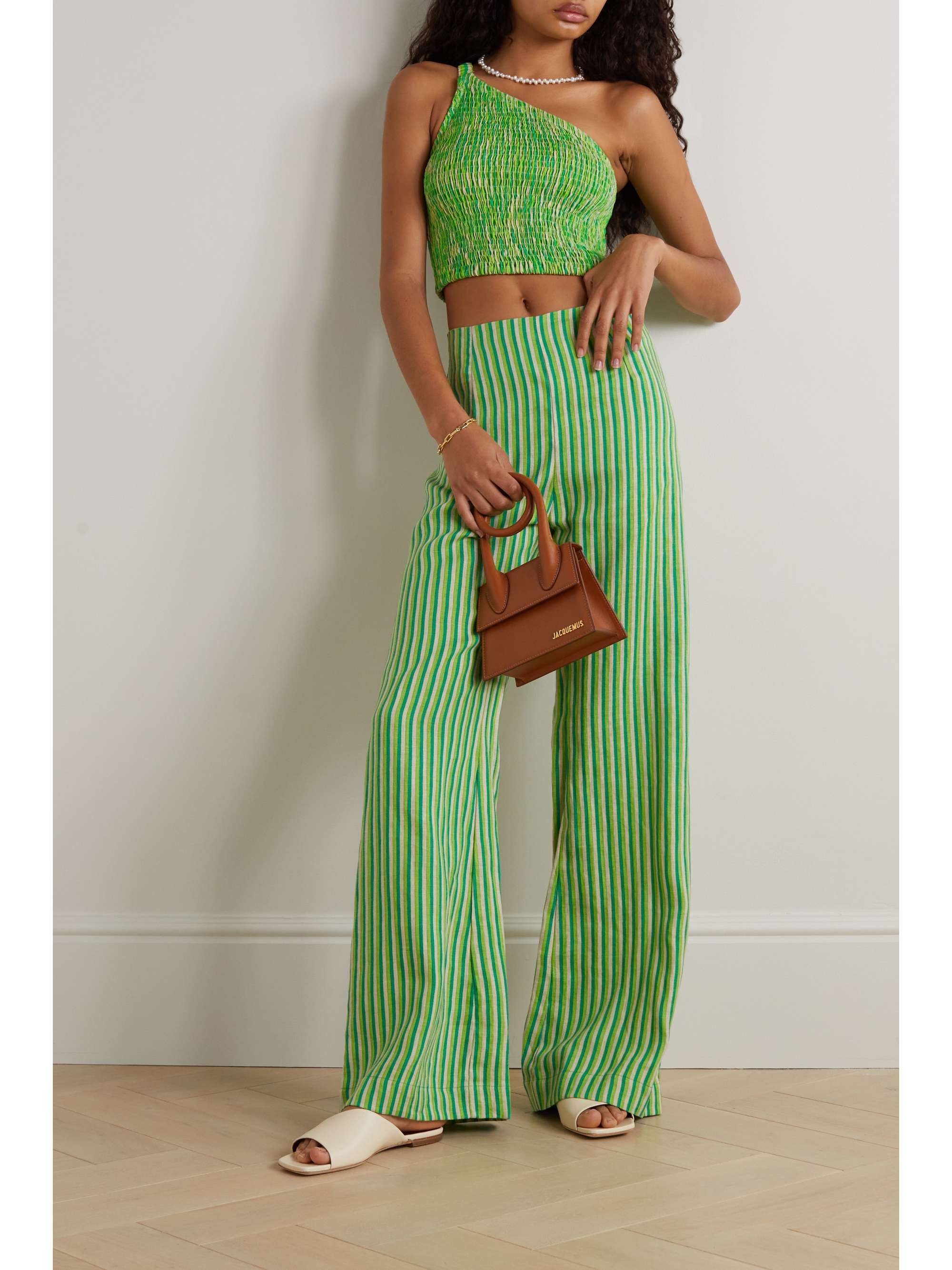 FAITHFULL Manoa one-shoulder shirred striped linen cropped top