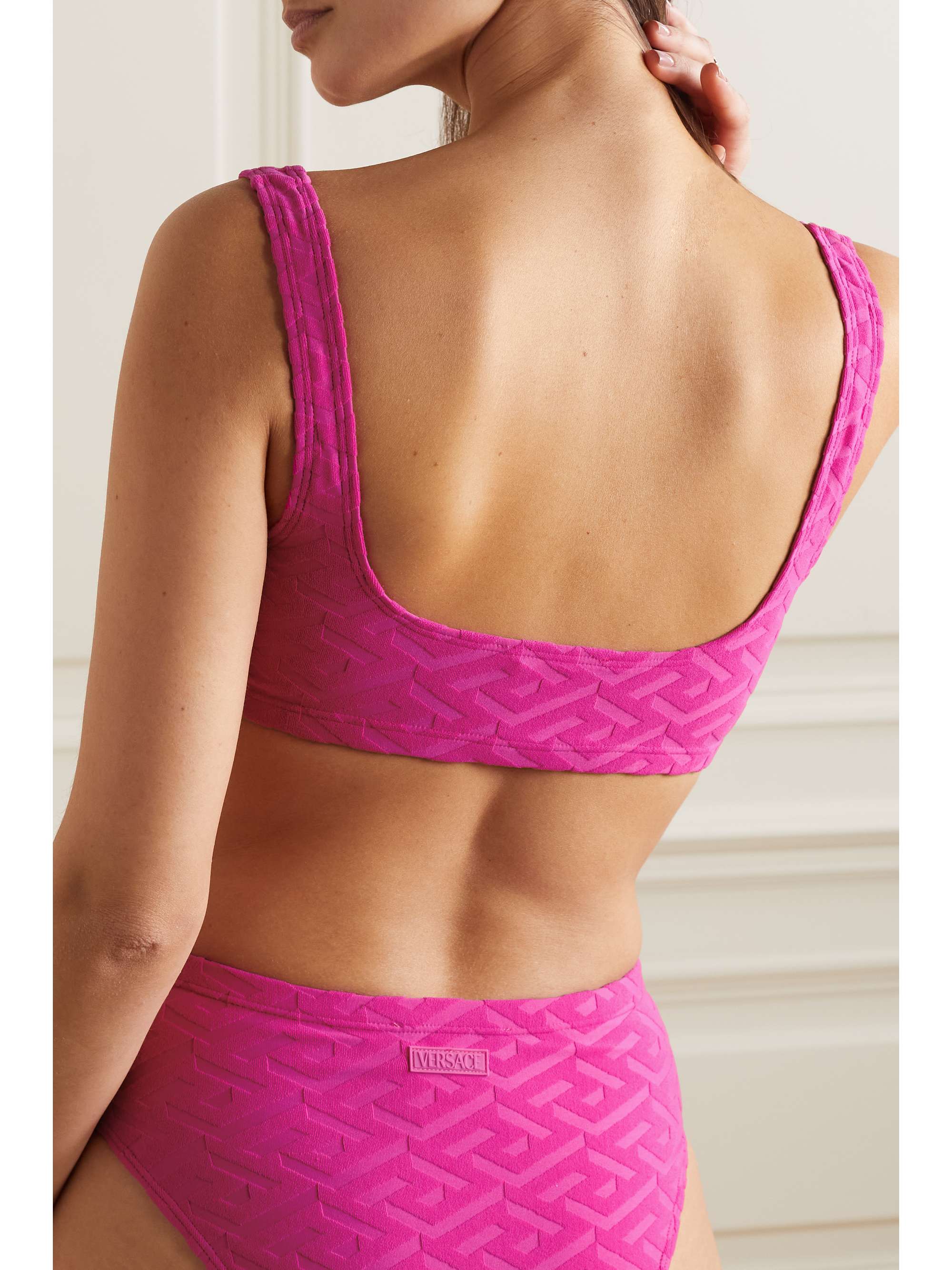 VERSACE La Greca embossed stretch-terry bikini top