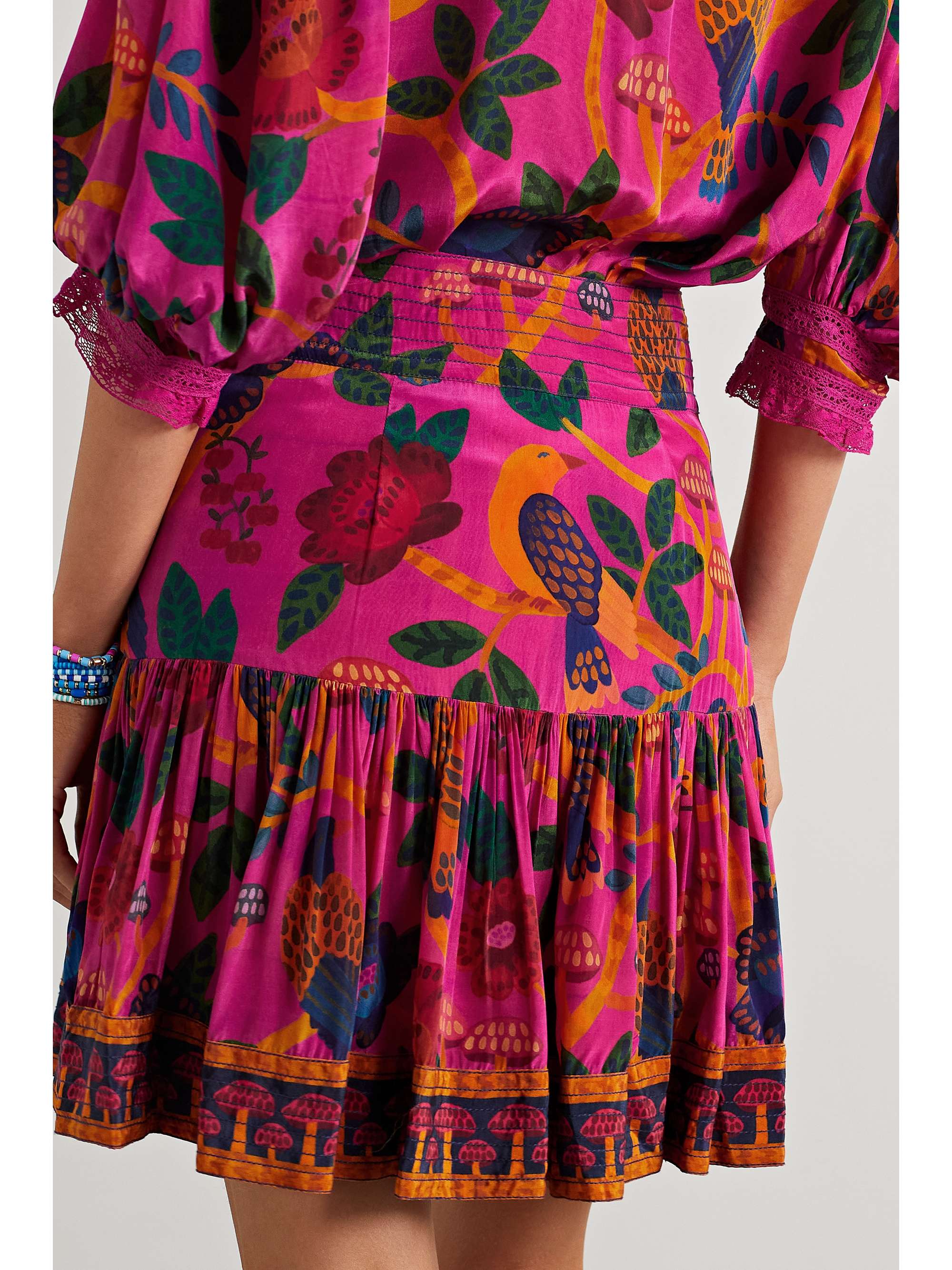 FARM RIO Ruffled crochet-trimmed printed voile mini skirt
