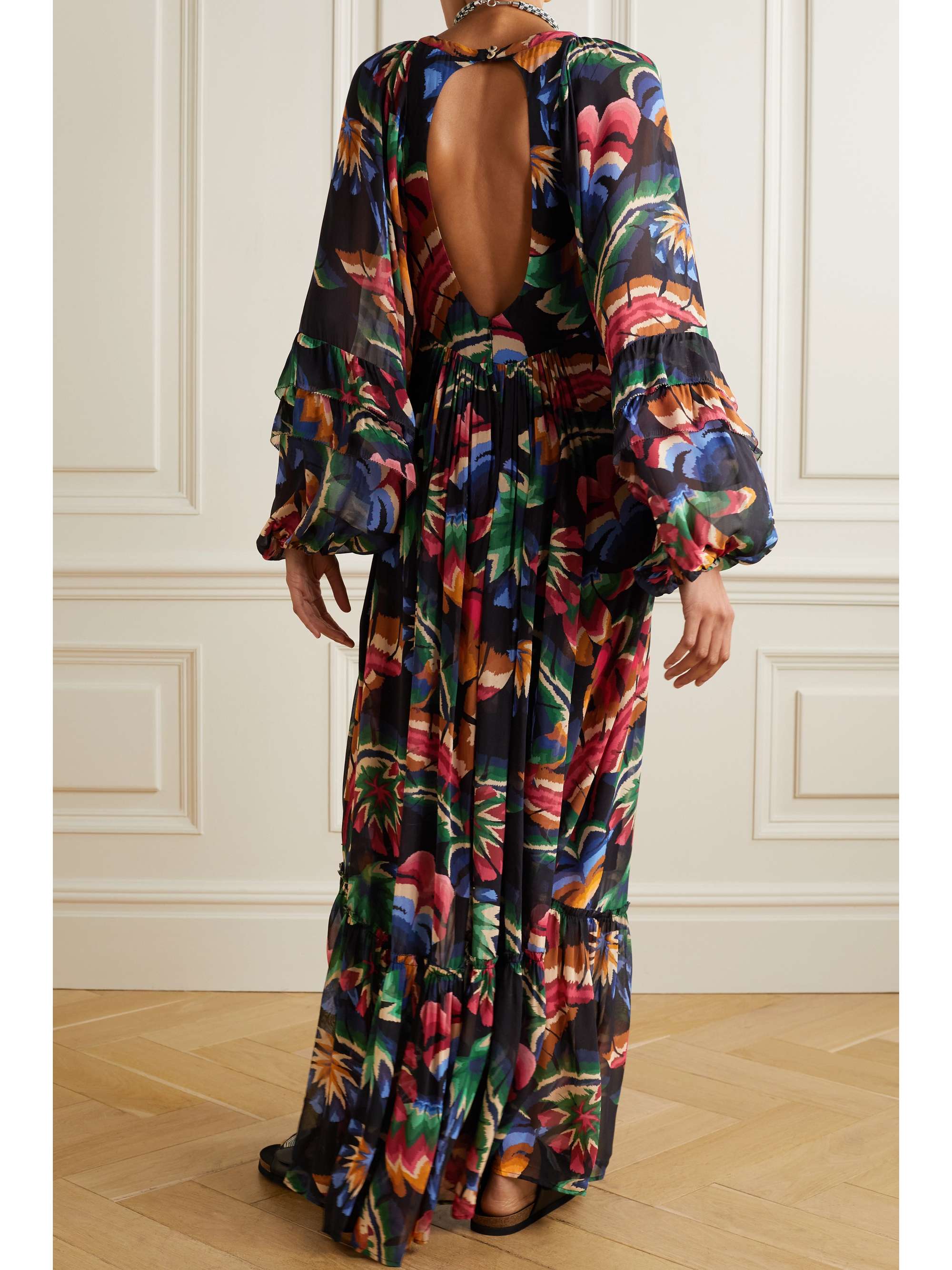 FARM RIO Open-back printed georgette maxi dress