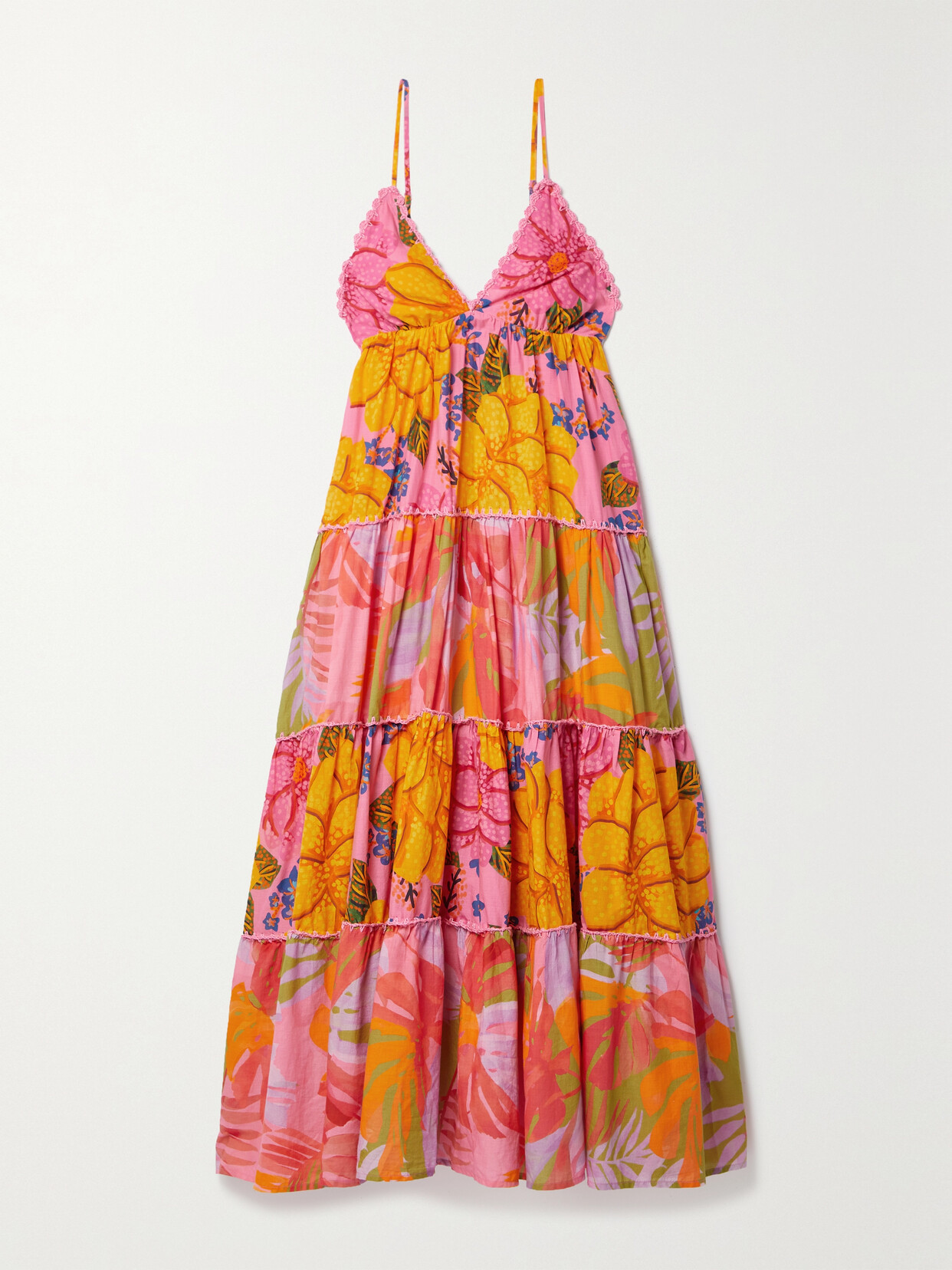 Farm Rio Crochet-trimmed Tiered Floral-print Cotton-voile Maxi Dress - Orange