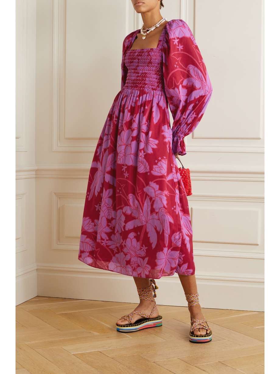 FARM RIO Shirred floralprint cottonvoile midi dress NETAPORTER