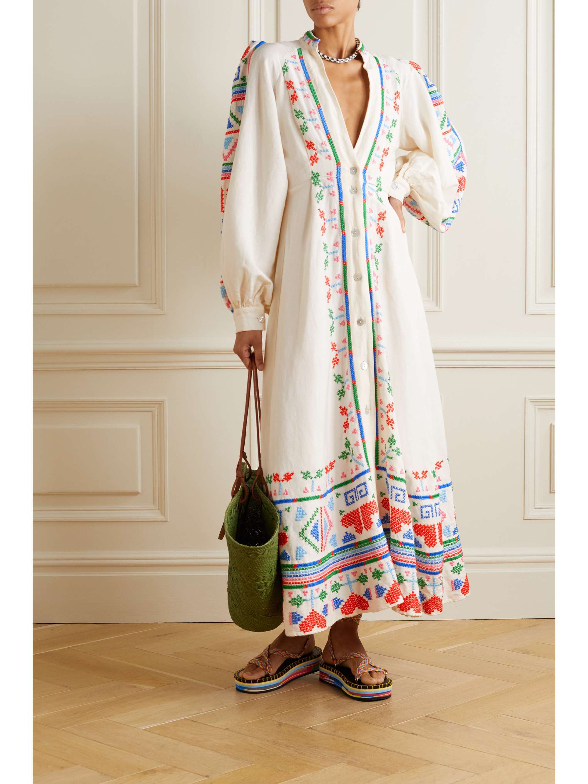 Offwhite Embroidered linenblend maxi dress FARM RIO NETAPORTER