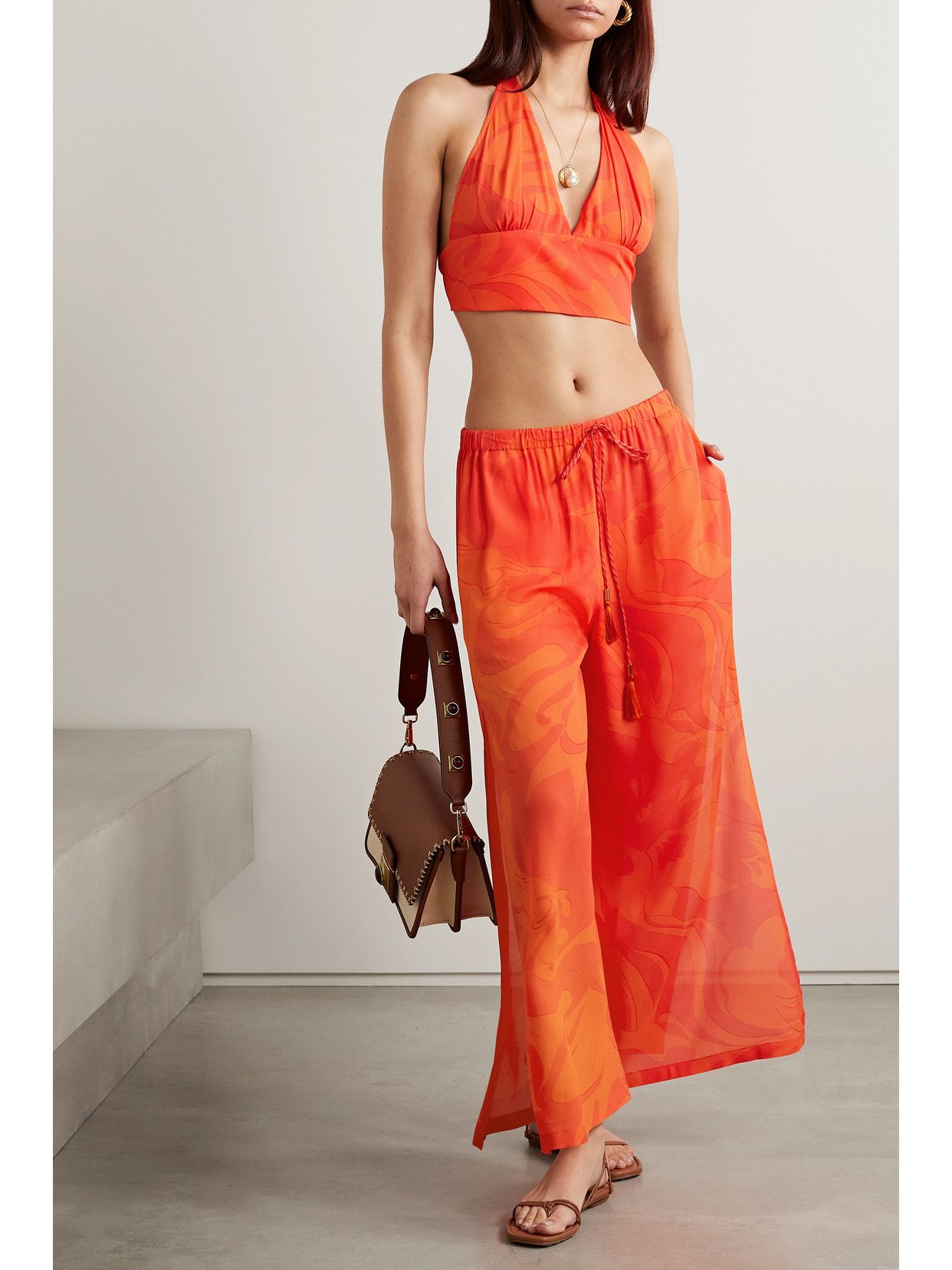 Etro Cropped Printed Crepe Wide-leg Pants In Orange