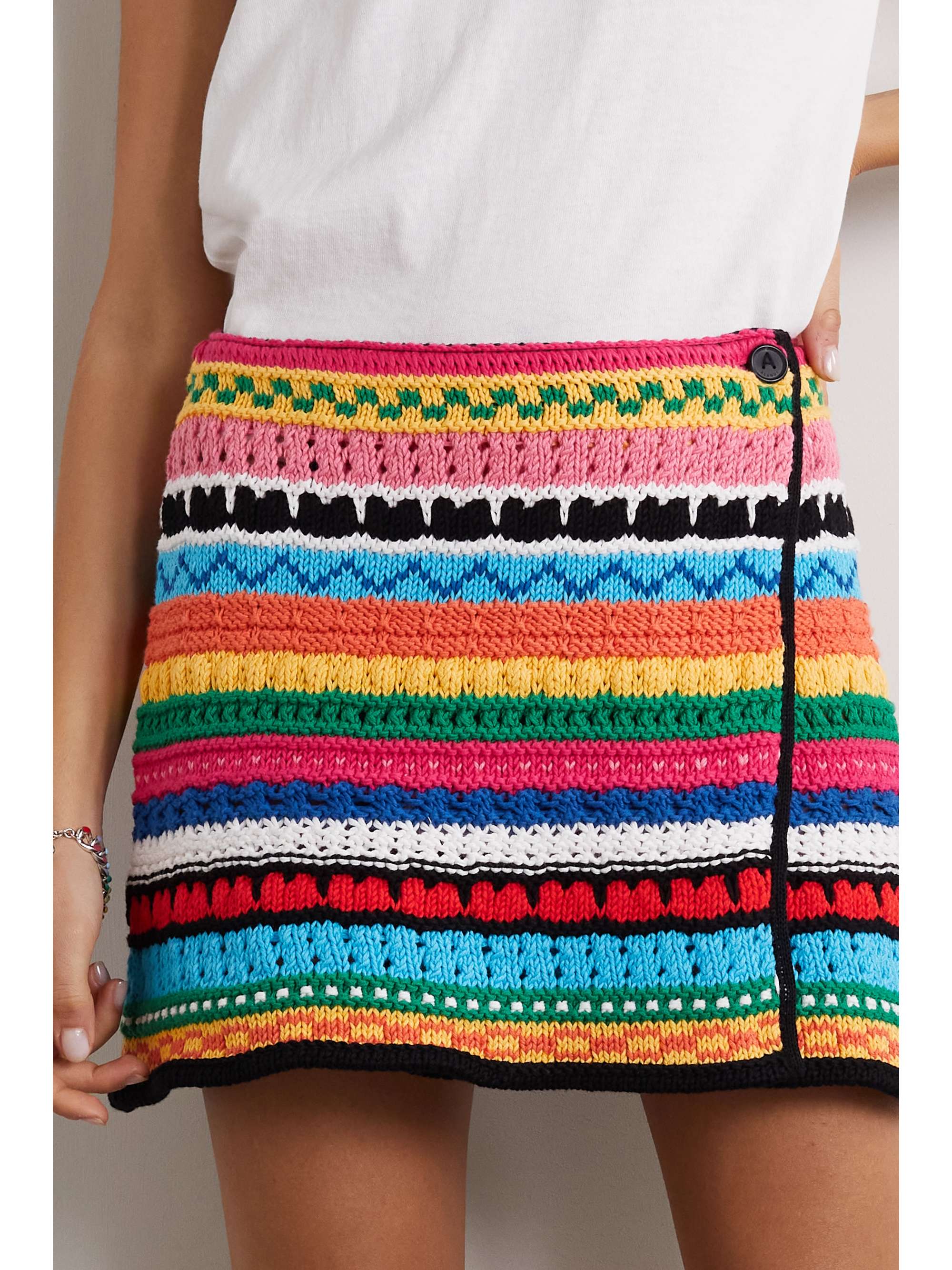 ALANUI Over The Horizon striped crocheted cotton mini wrap skirt