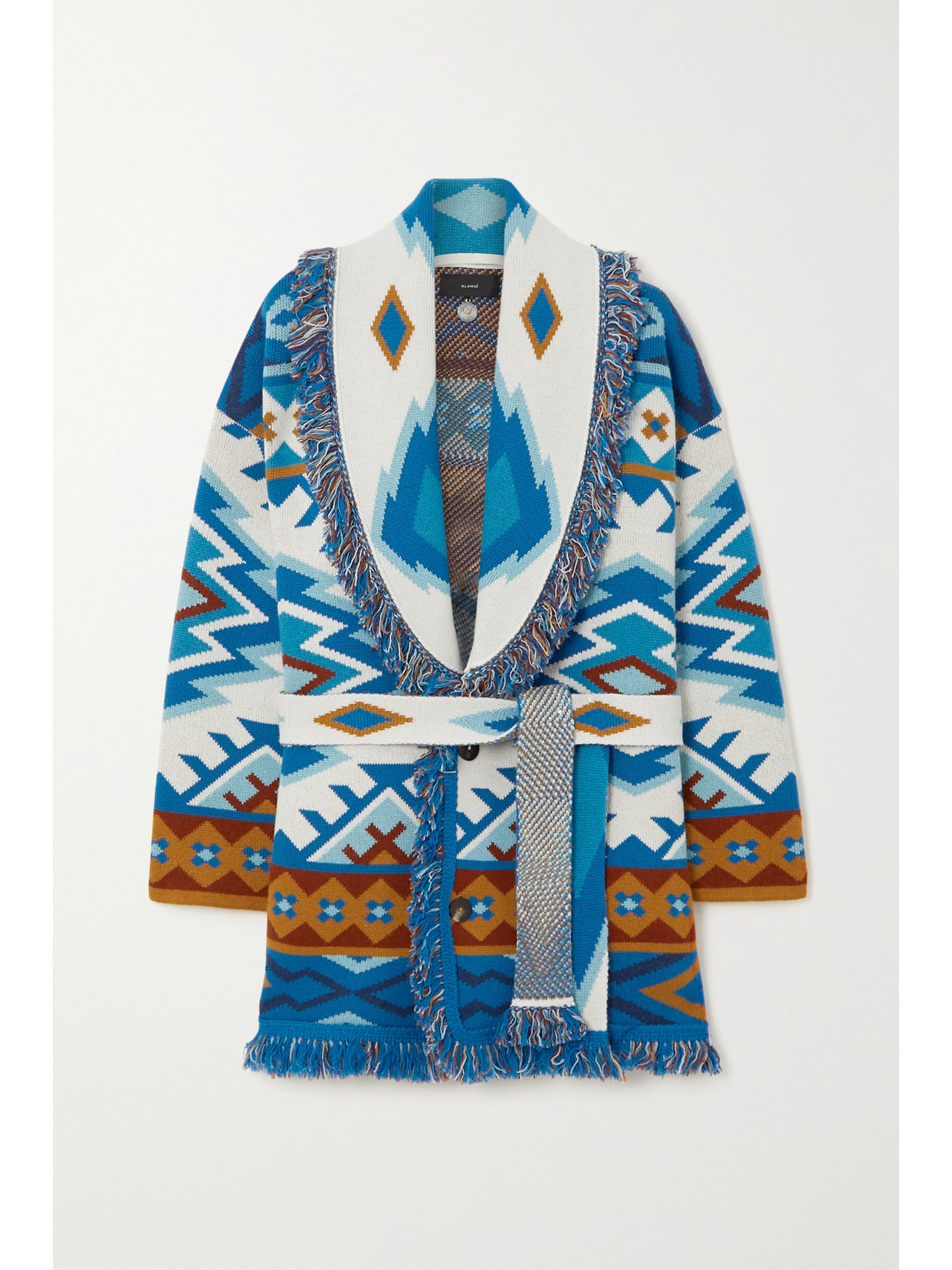 Alanui - Oasis Belted Fringed Cashmere-jacquard Cardigan - Blue