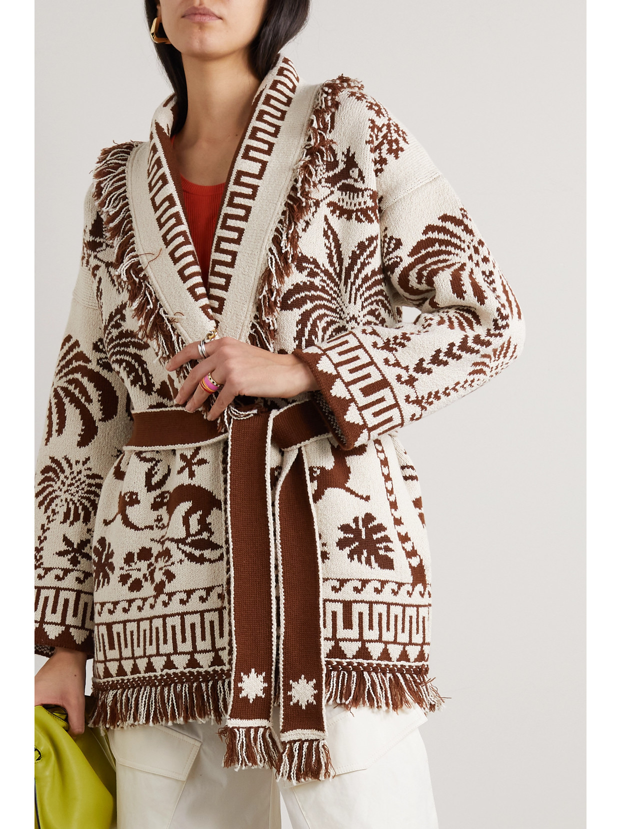 ALANUI EXPLOSION OF NATURE BELTED FRINGED WOOL AND COTTON-BLEND JACQUARD CARDIGAN