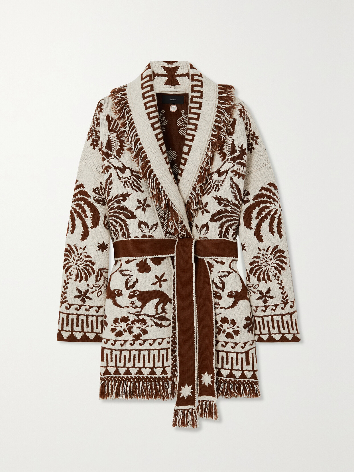 ALANUI EXPLOSION OF NATURE BELTED FRINGED WOOL AND COTTON-BLEND JACQUARD CARDIGAN