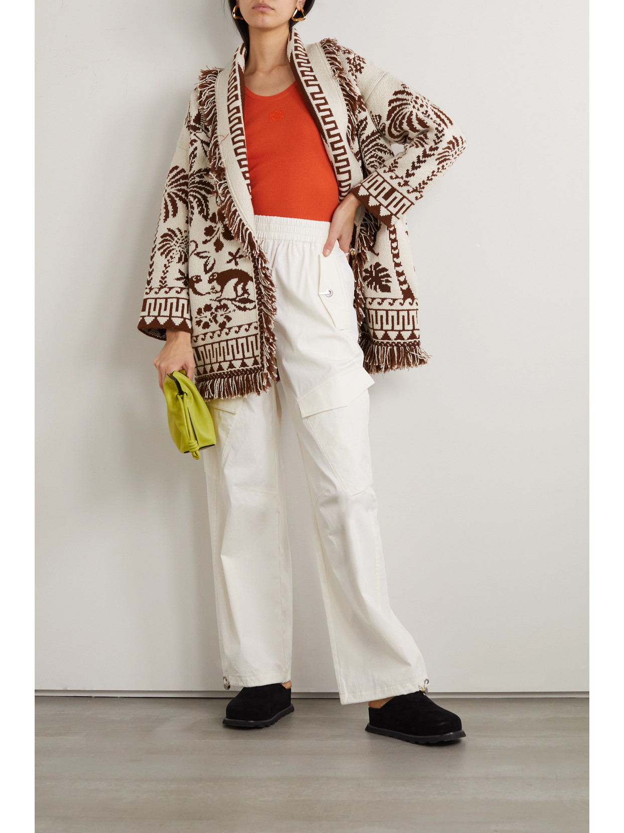 ALANUI EXPLOSION OF NATURE BELTED FRINGED WOOL AND COTTON-BLEND JACQUARD CARDIGAN