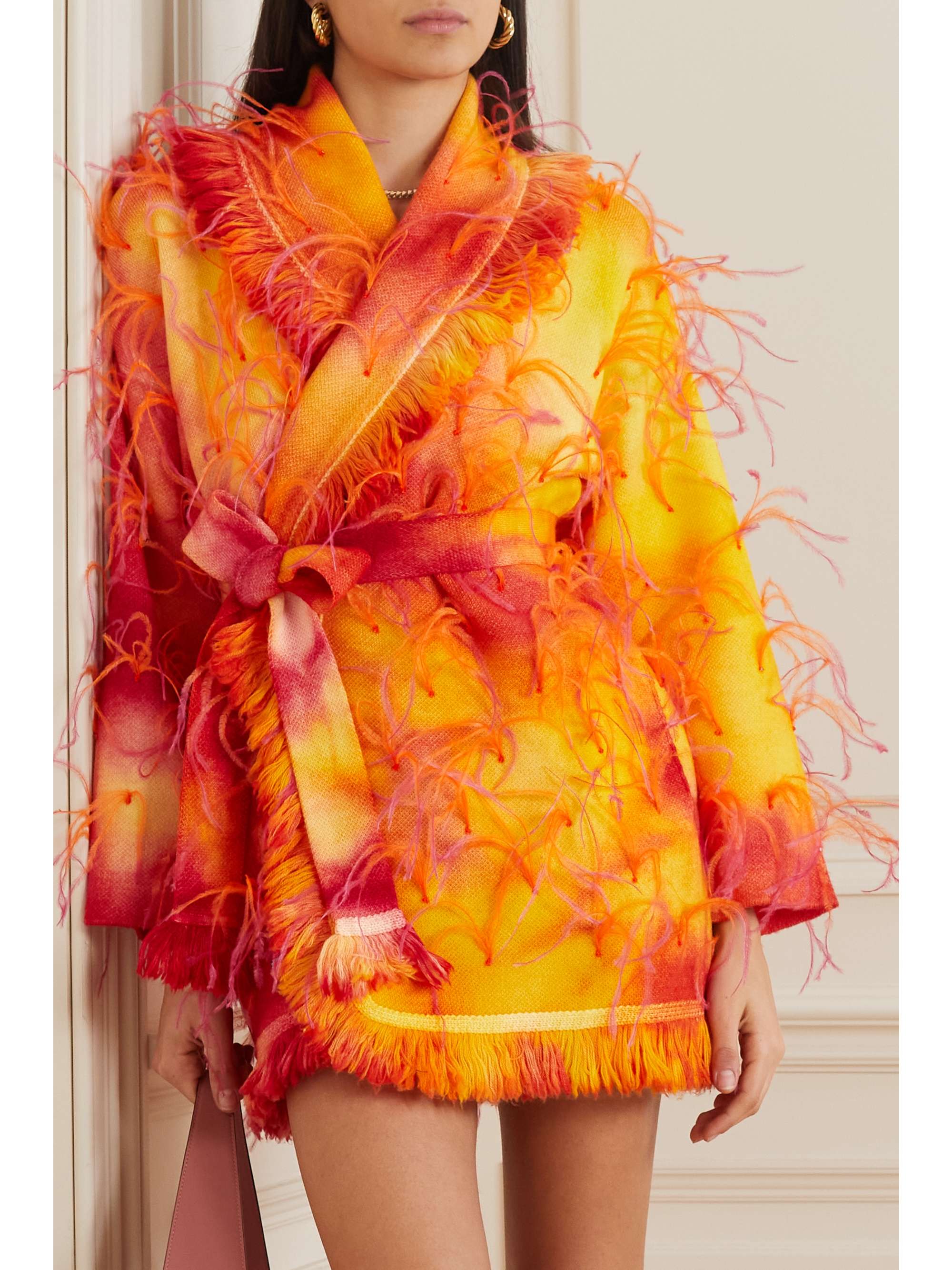 ALANUI Sunset belted feather-trimmed tie-dyed wool cardigan