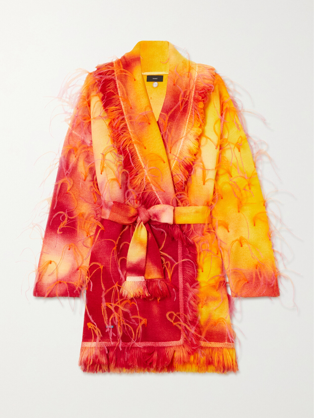 ALANUI SUNSET BELTED FEATHER-TRIMMED TIE-DYED WOOL CARDIGAN