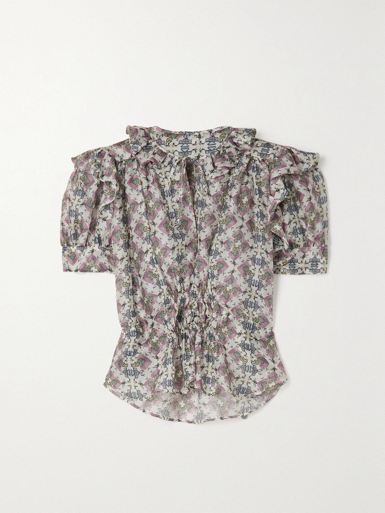 ISABEL MARANT ANNAELLE TIE-NECK RUFFLED PRINTED SILK-VOILE BLOUSE