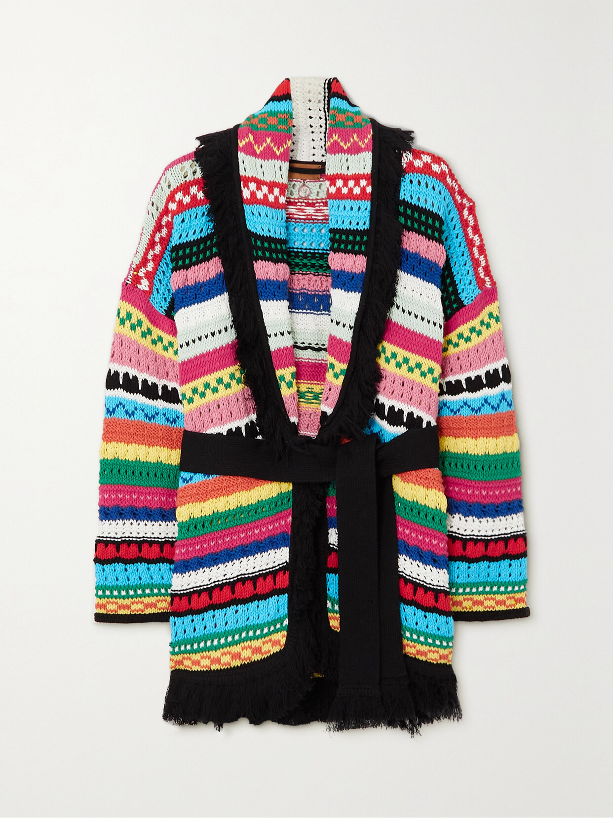 Alanui - Over The Horizon Striped Belted Open-knit Cotton Cardigan - Black