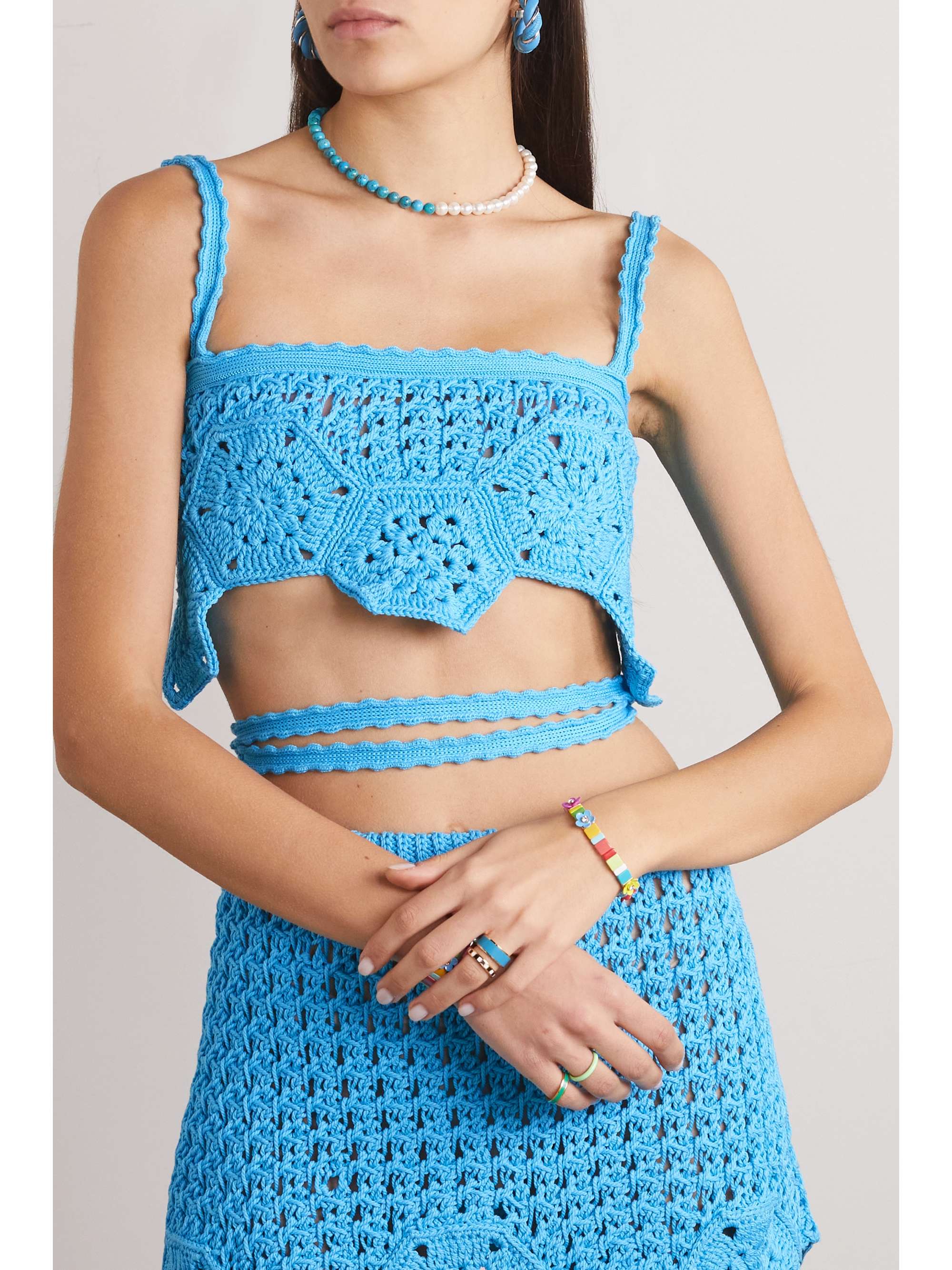 ALANUI Blooming Flowers cropped lace-up crocheted cotton top