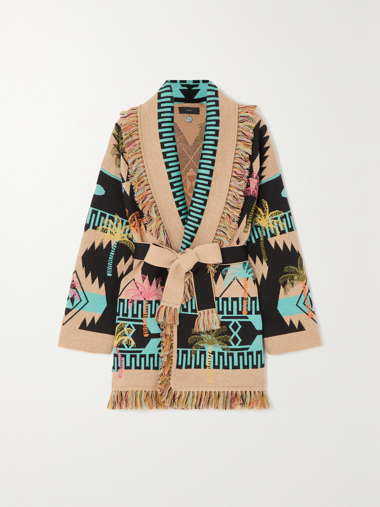 Alanui - Icon Belted Fringed Wool Jacquard Cardigan - Black