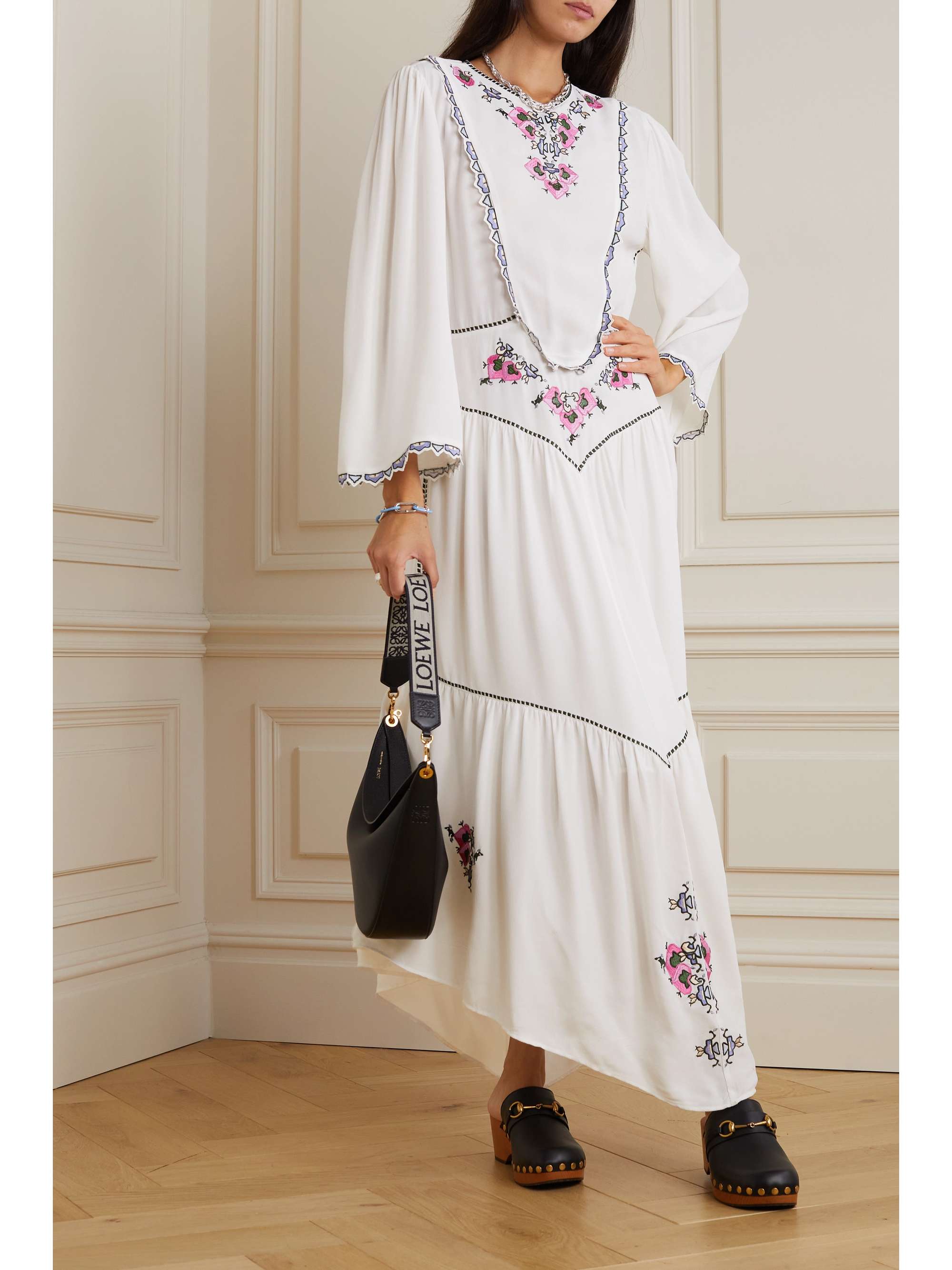 ISABEL MARANT Robe midi asymétrique en crêpe de Chine à broderies et à plis Sonia