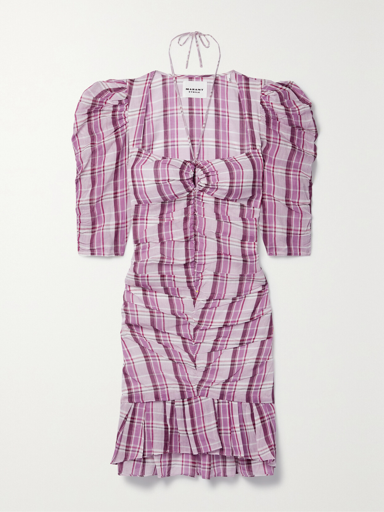 Marant Étoile Galdino Ruched Checked Cotton-voile Mini Dress - Purple