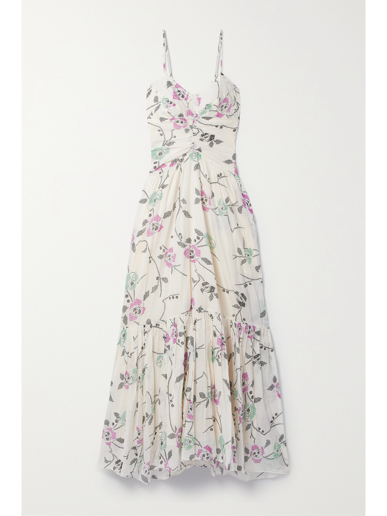 Shop Isabel Marant Étoile Giana Ruched Tiered Floral-print Cotton-voile Maxi Dress In Ecru