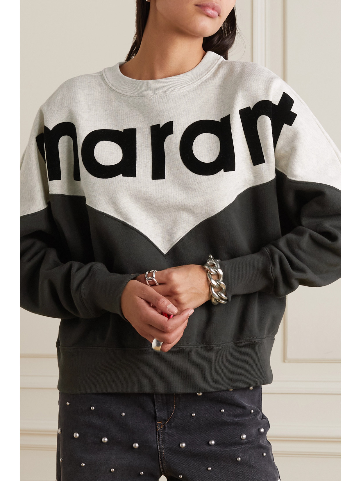 Isabel Marant Étoile Houston Flocked Two-tone Cotton-blend Jersey Sweatshirt In Black