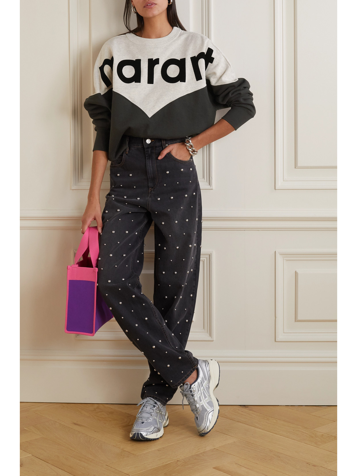 Isabel Marant Étoile Houston Flocked Two-tone Cotton-blend Jersey Sweatshirt In Black