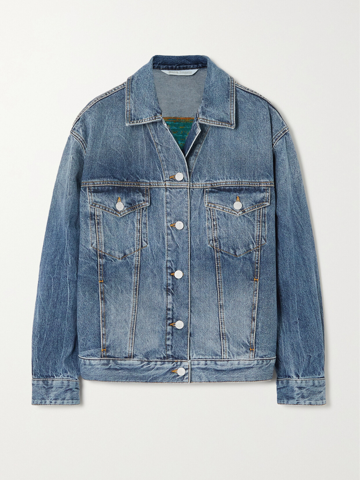 PALM ANGELS SUNRISE PANELED LEATHER-TRIMMED DENIM JACKET