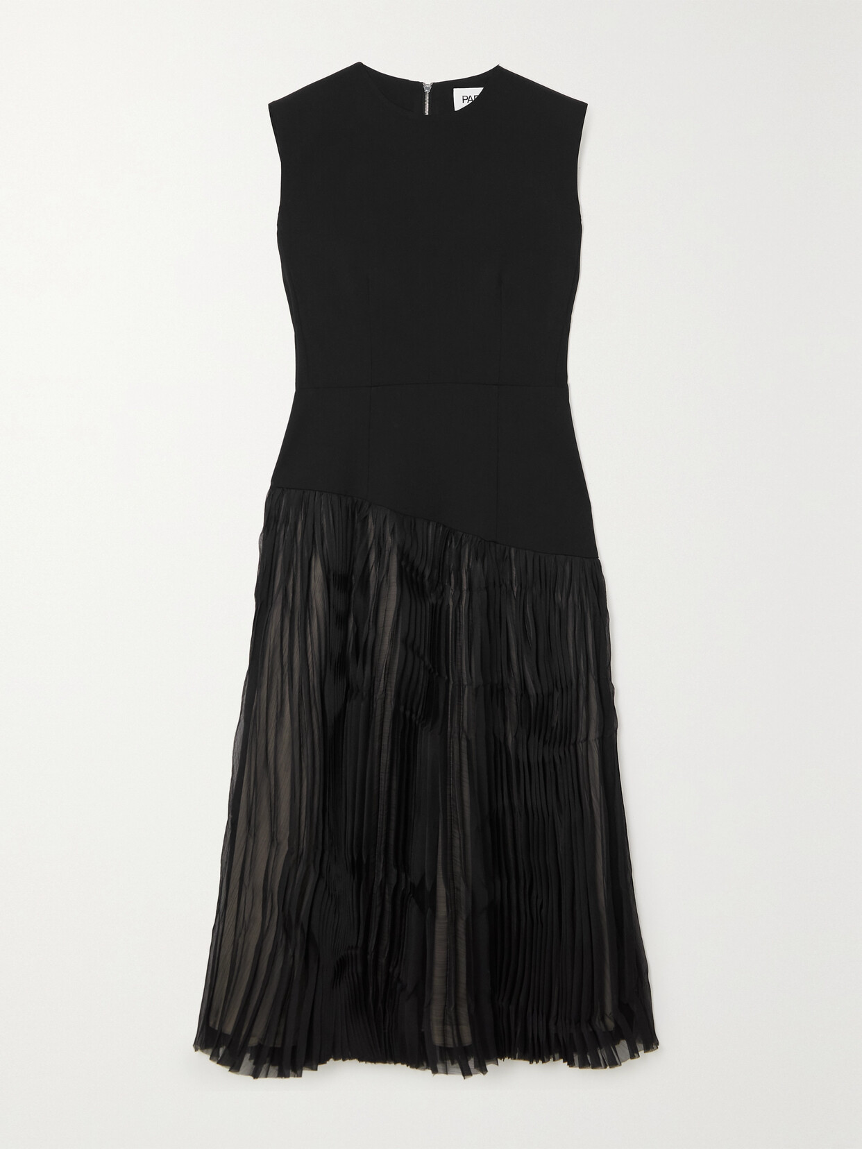 Partow Camille Wool-blend Twill And Plissé-chiffon Maxi Dress In Black